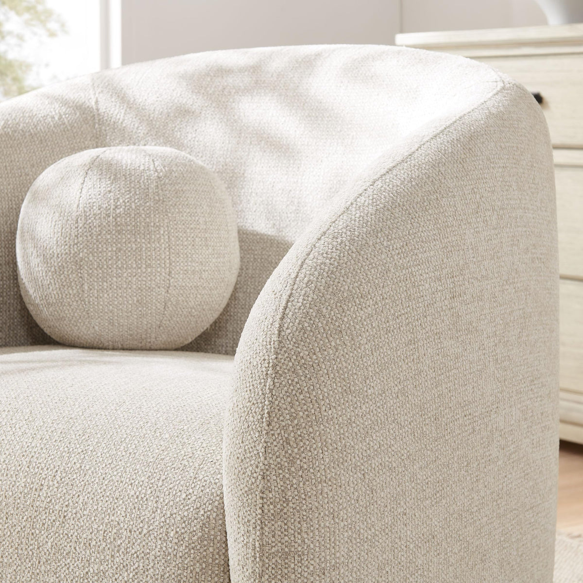 Modway Holland Curved Swivel Armchair in Dove Gray – Chenille Fabric Barrel Chair with Ball Throw Pillow and Wood Base – Mid-Century Modern Curved Living Room Accent Chair