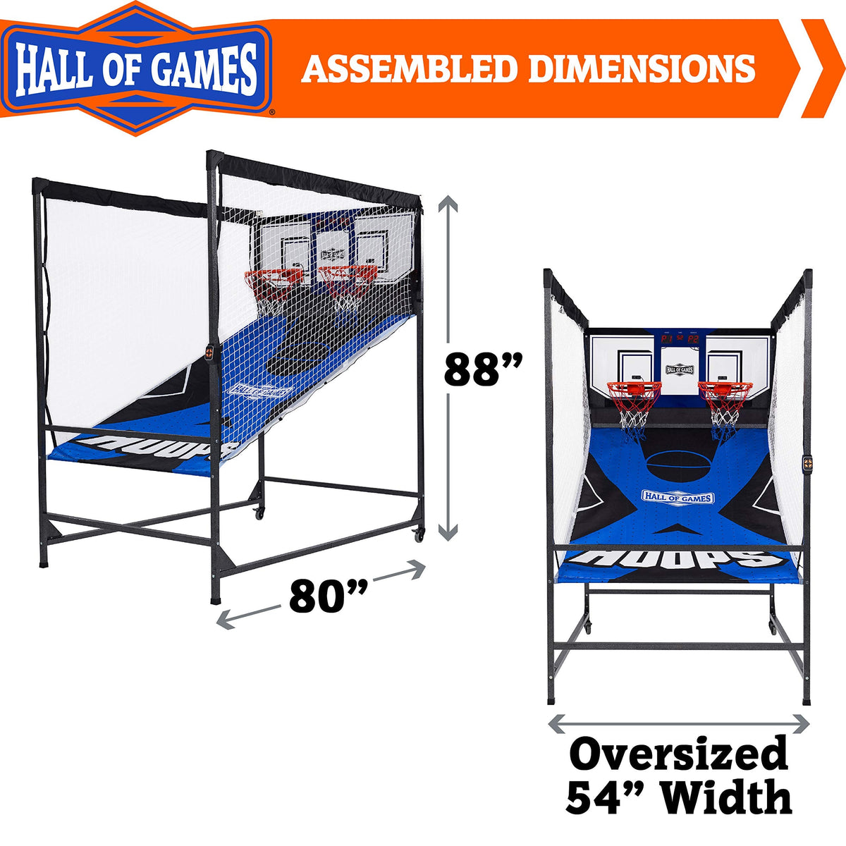 Hall of Games Premium Arcade Cage Basketball Game with Steel Frame and Polycarbonate Backboard, Dual Shot LED Scoring with 6 Size 8.5 Inch Basketballs