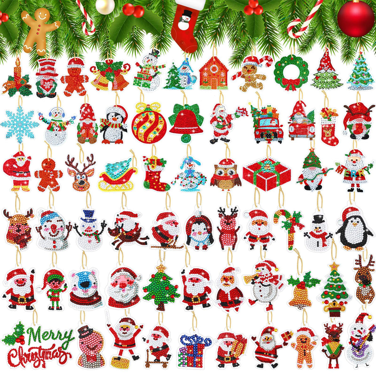 Hungdao 64 Pcs Diamond Art Christmas Ornaments Kits Diamond Art Painting Kits DIY Keychains for Adults 5d Bulk Winter Hanging Ornament Snowman Santa Claus Home Xmas Tree Craft Gift Decor(Classic Red)