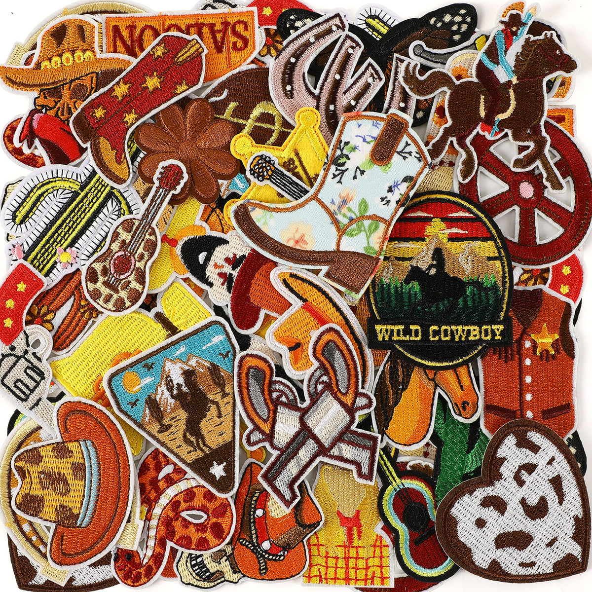 60pcs Western Iron On Patches Random Assorted Styles Brown Theme Iron on Patches for Boys Western DIY Sew Applique Repair Patch Cute Sew on Patches for Clothing Jacket Jeans Pants Dress Backpack Hats