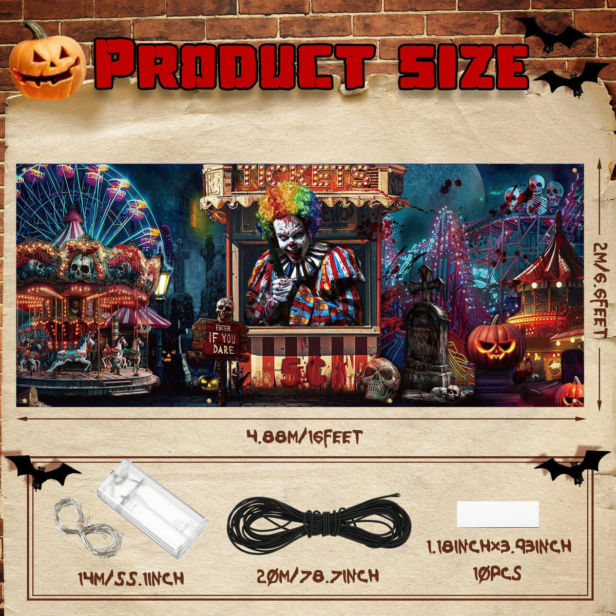 Ganeen 7x16 ft Halloween Garage Door Banner Large Rustic Garage Banner Cover Halloween Backdrop with LED String Light Holiday Vinyl Cover Door Decoration(Evil Circus)