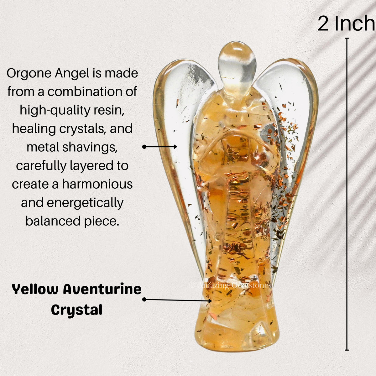 Amazing Gemstone Yellow Aventurine Guardian Angel Figurine Pocket Crystal Angel for Protection - Orgone Guardian Angel with Orgonite Layer and Natural Crystal for Healing Gift (2 Inch, Organite)