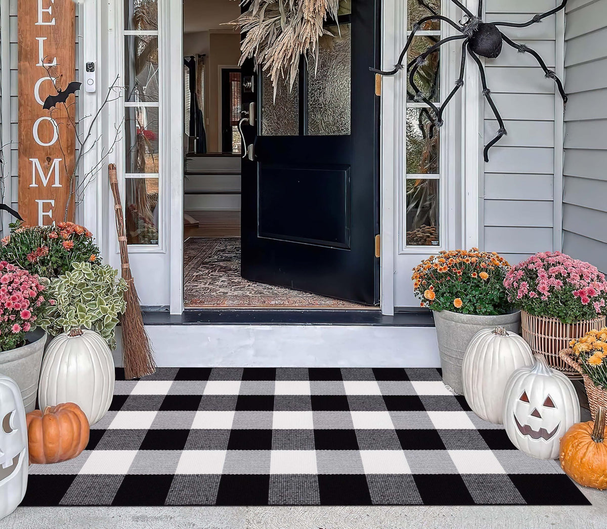 Buffalo Plaid Outdoor Rug 27.5''x 43.3''Black and White Checkered Rug Cotton Machine Washable Farmhouse Mat for Outdoor, Kitchen, Farmhouse, Entryway,Bathroom