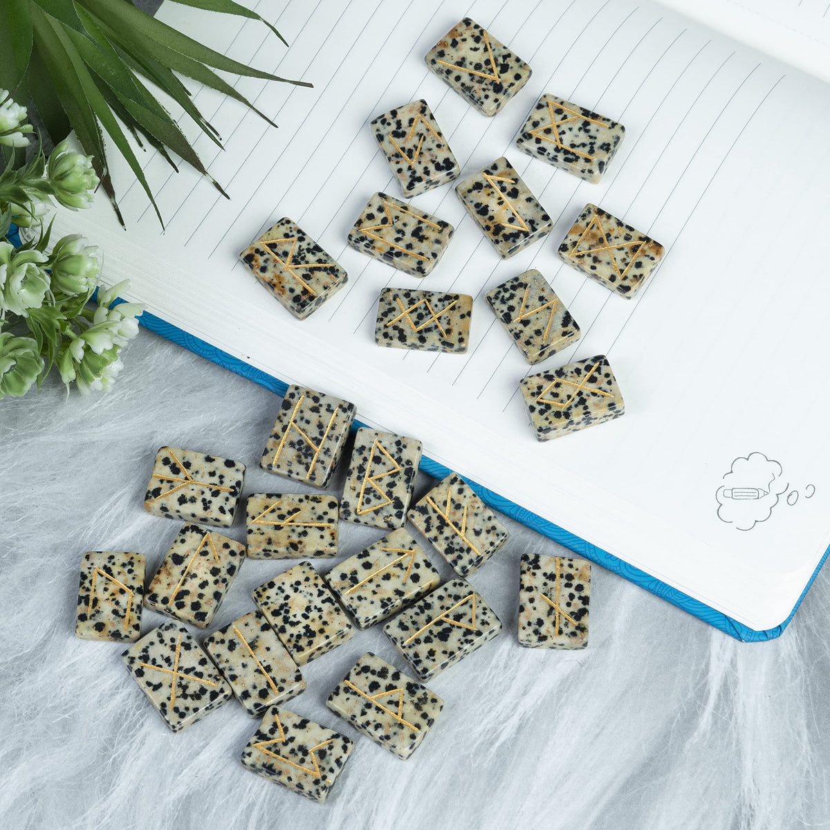 Crocon Dalmatian Jasper Rectangle Shape Gemstone Runes with Elder Futhark Alphabet Engraved 25 pcs Rune Set Crystal Divination Metaphysical Healing Chakra Reiki Runes Set with a Pouch Size : 20-25mm