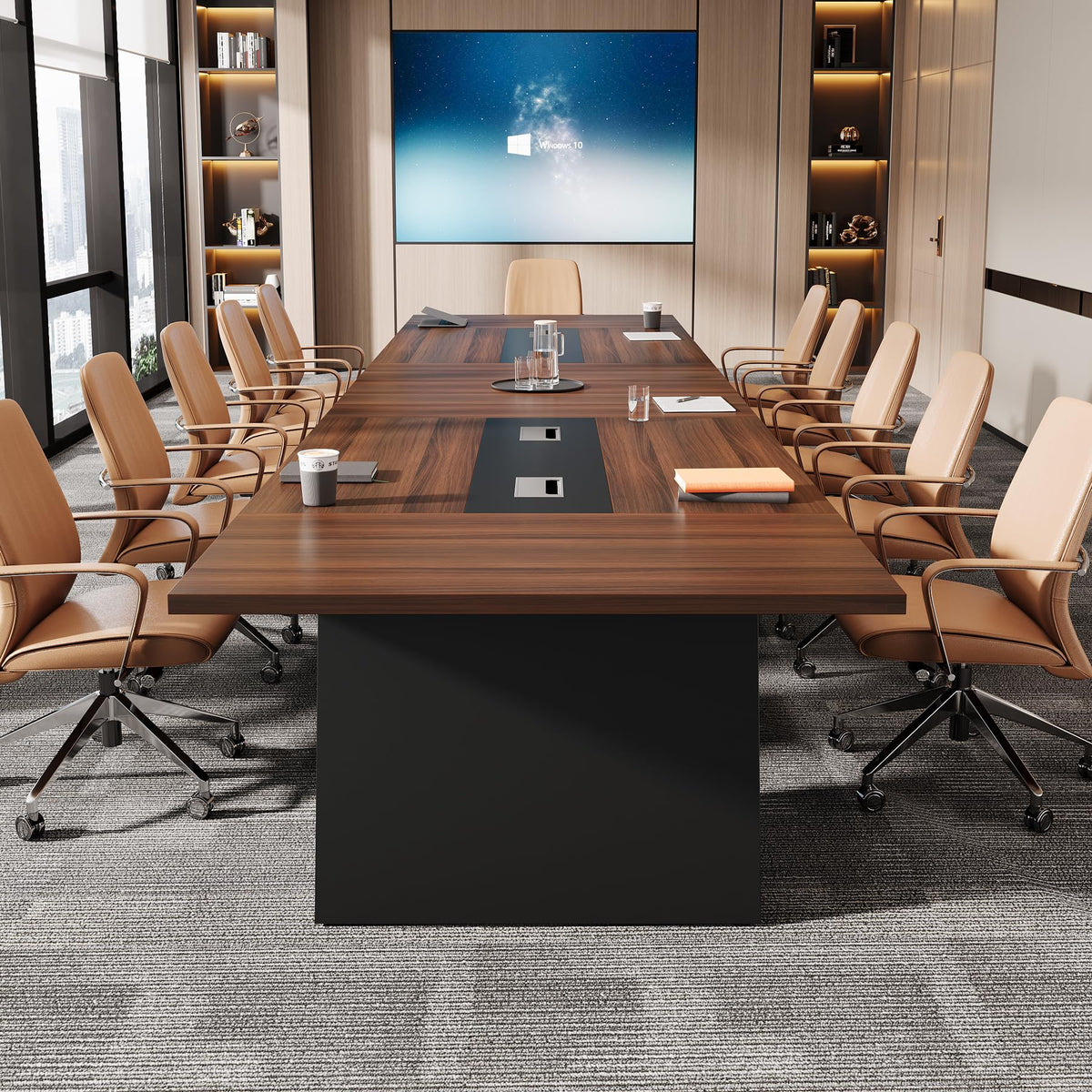 Tribesigns 8ft Conference Table, Large Meeting Table for 8-10 People, Business Seminar Furniture for Office Conference Room, Walnut & Black (4, Walnu+ Black)