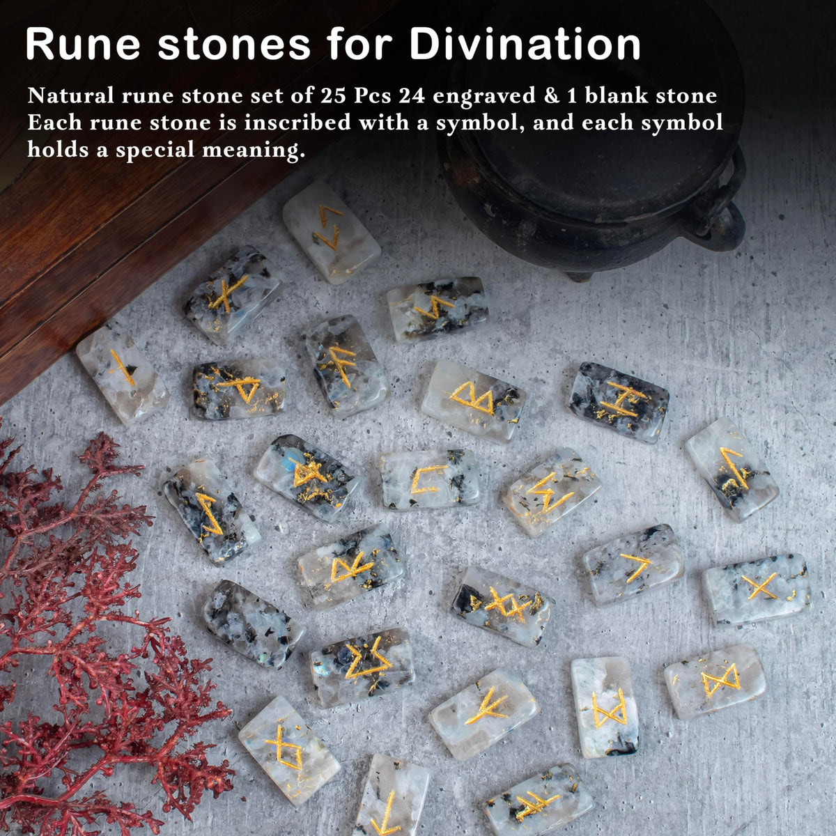 Crocon rectangle shape gemstone runes with Elder Futhark Alphabet Engraved |25 pcs rune set |Crystal Divination Healing Chakra Reiki set| with a pouch|Size: 20-25mm (Rainbow moonstone rune)