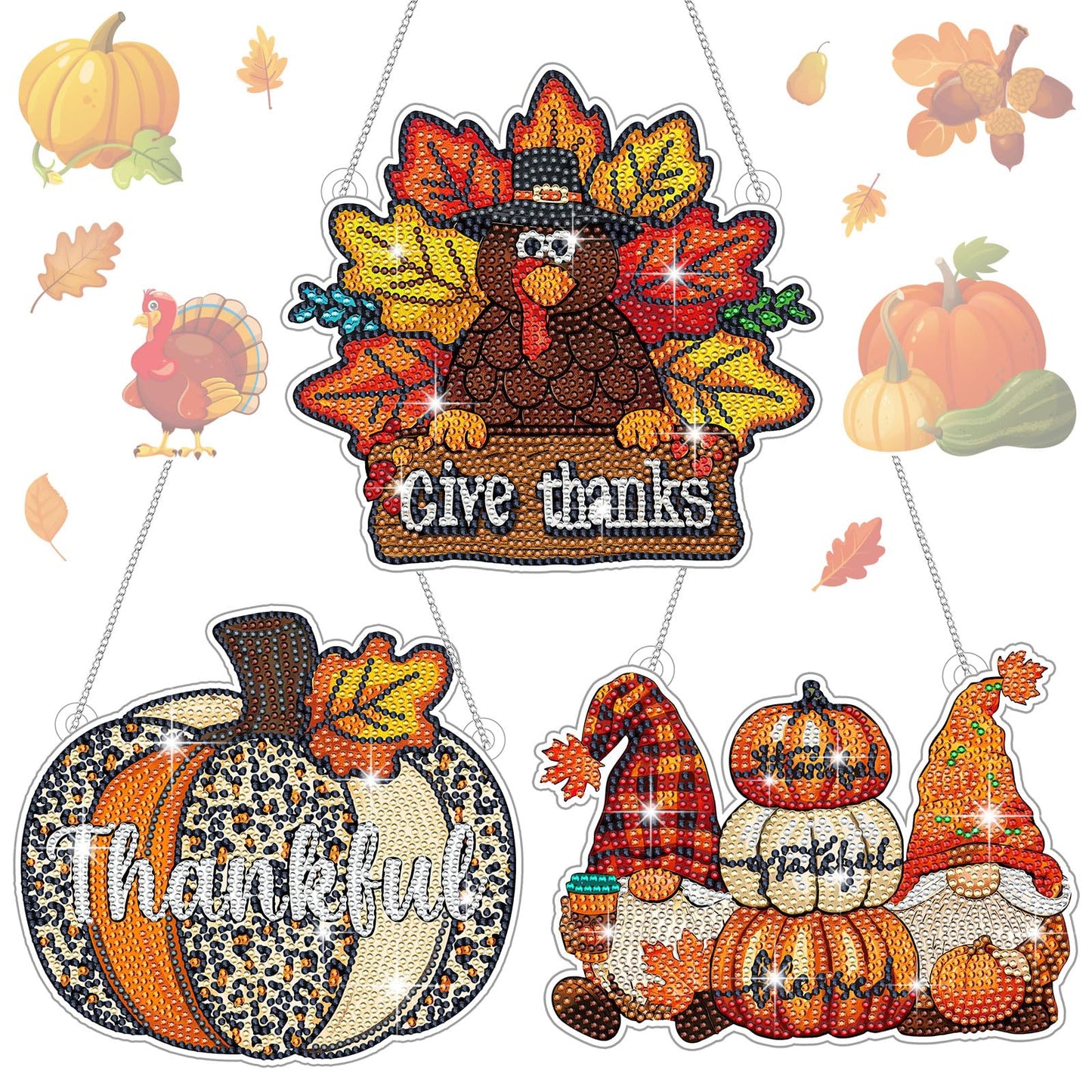 Yousoontic 3 Pcs Fall Door Decorations DIY Thanksgiving Diamond Painting Hanging Sign Thanksgiving Day Door Hanger Set Diamond Art Welcome Sign for Home Wall Front Party Supplies