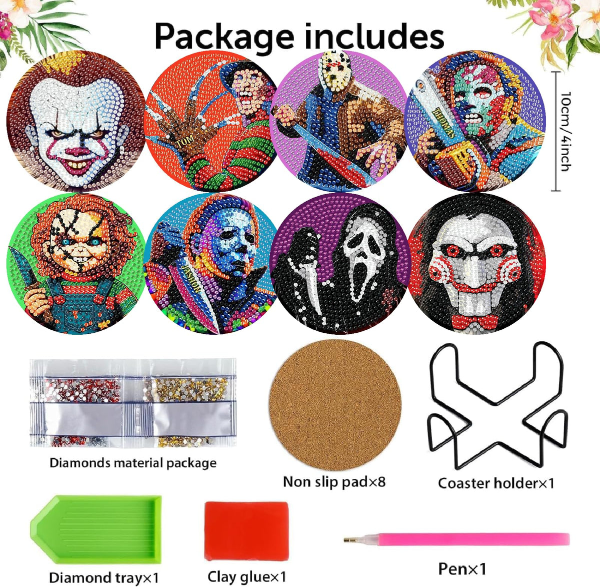 NEGEKFKX 8 Pcs Halloween Diamond Art Painting Coasters Kits,Horror Coaster with Holder for Adults, Non-Slip DIY Dot Paint Craft Kits,5D Full Drill DIY Diamond Dot Gem Art Kit Home Decor Arts Craft