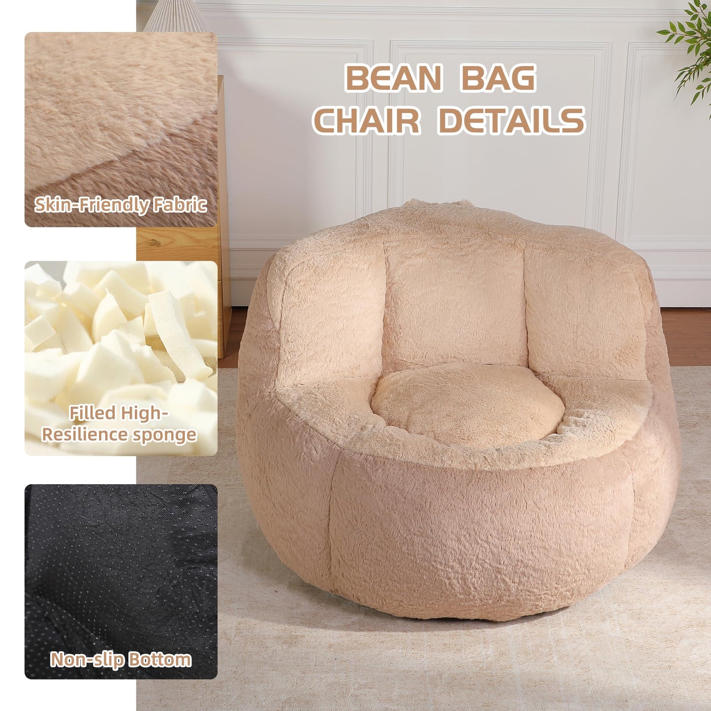 Oversized Bean Bag Chairs,Multicolor Faux Fur Couch Filled with Shredded Sponge,Large Lounger Sofa for Living Room,No Assembly Required,Brown+Camel