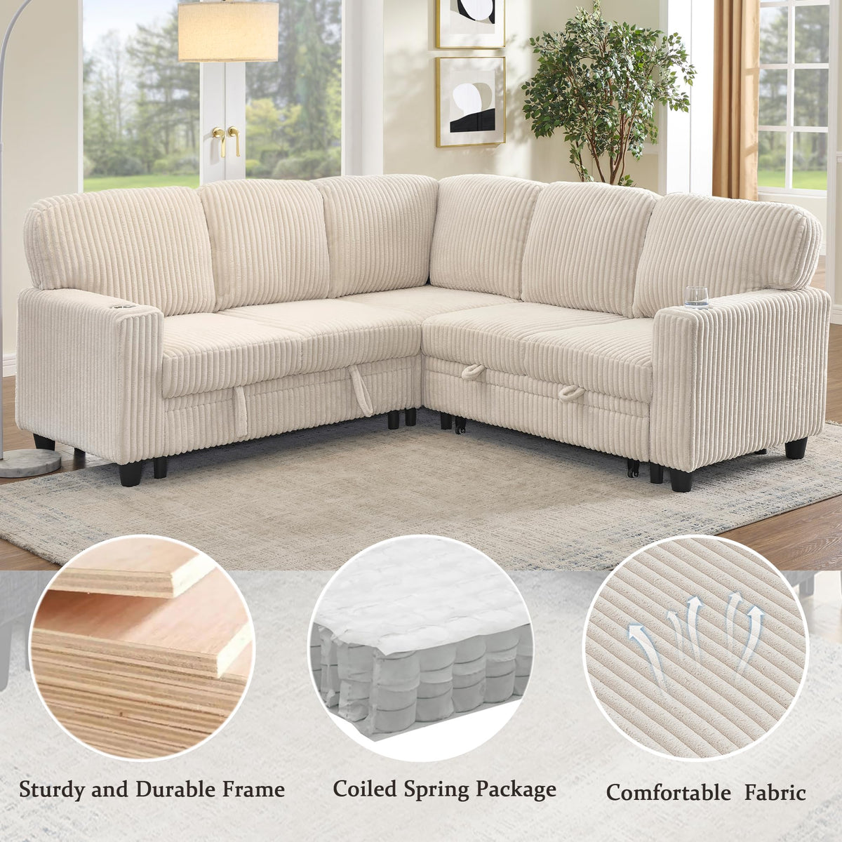ERYE L-Shaped Symmetrical Sleeper Sectional Sofa W/Pull Out Sleeper Couch Bed and Storage Seat for Living Room, Corduroy Tufted Corner Convertible Sofa Bed with USB-C Ports