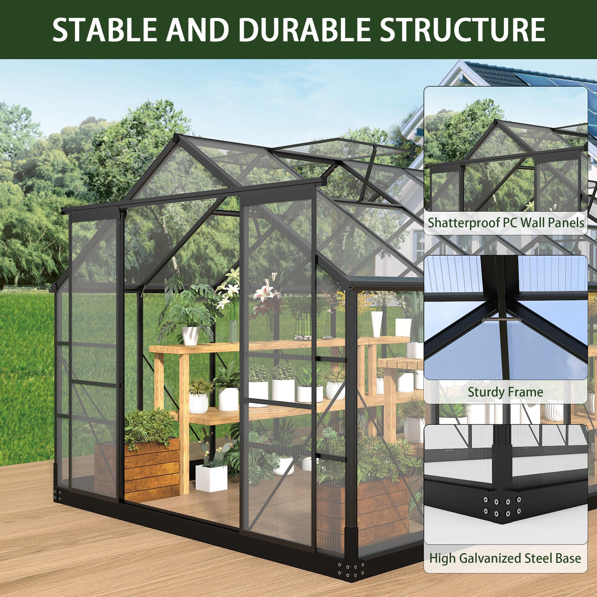 Greenhouses for Outdoors, 8x16 FT Polycarbonate Greenhouses with 4 Adjustable Roof Vents, Walk-in Aluminum Frame Green Houses for Outside with Sliding Doors Windproof, Garden