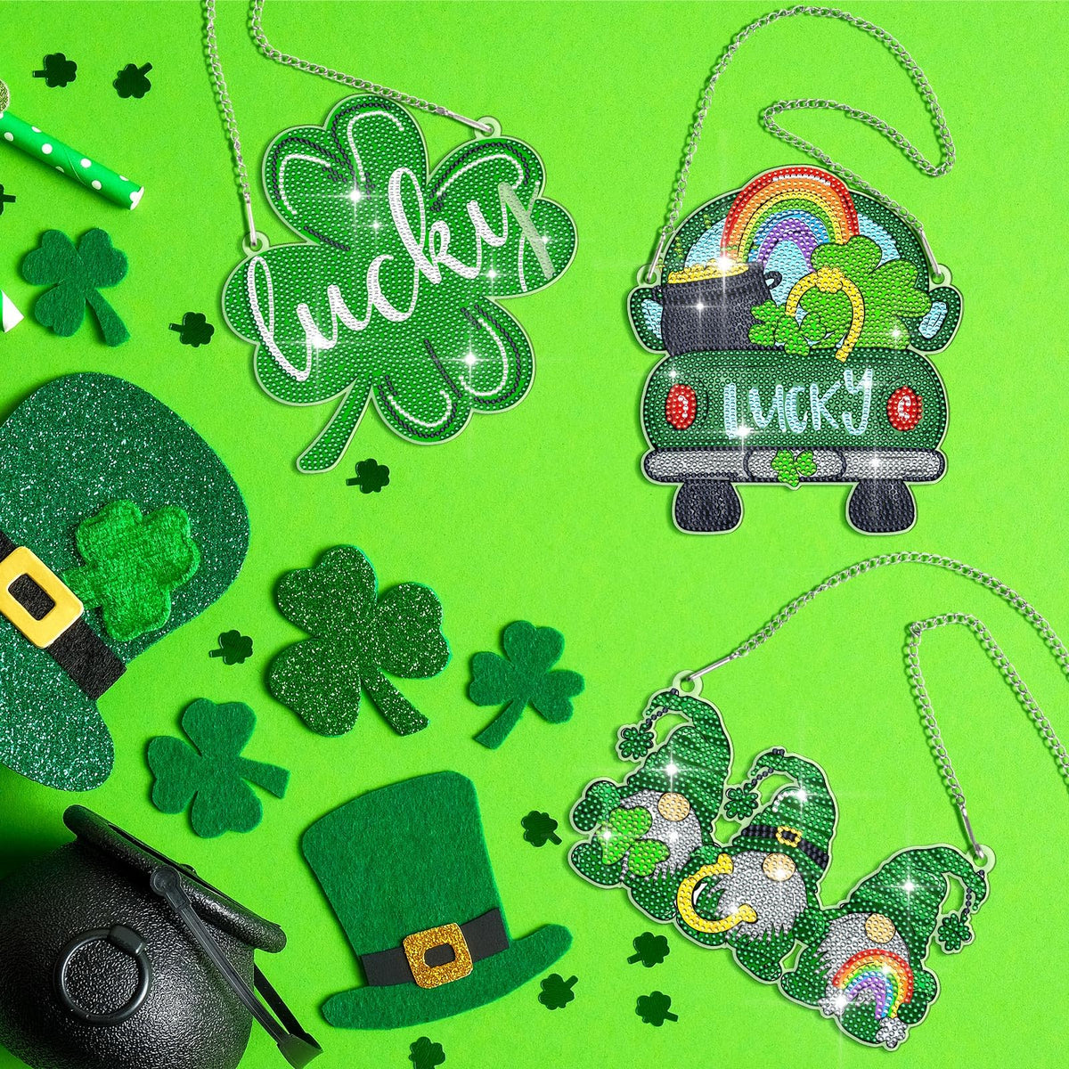 Burbell 3Pcs St. Patrick's Day Diamond Painting Kit Patrick's Green Lucky Shamrock Gnome Truck Diamond Art Kits Hanging Sign 5d DIY Irish Rhinestone Art Painting for Wall Windows Door