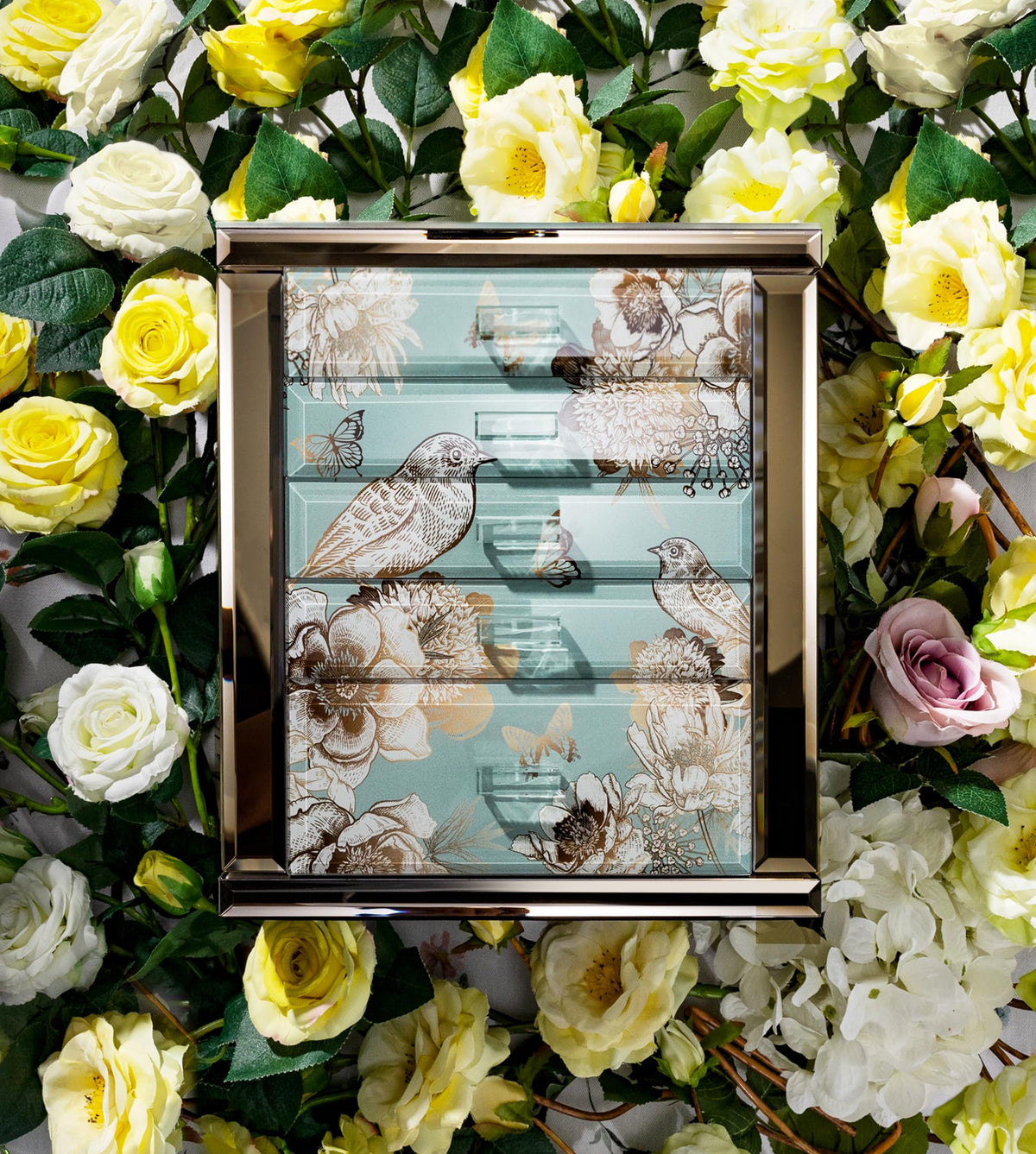 Homruilink High End Glass Jewelry Box, 5 Layer Jewelry Organizer for Women, Side Doors & Mirror, Velvet-Lined Storage for Rings & Necklaces, Ideal Gift (Bird & Floral)