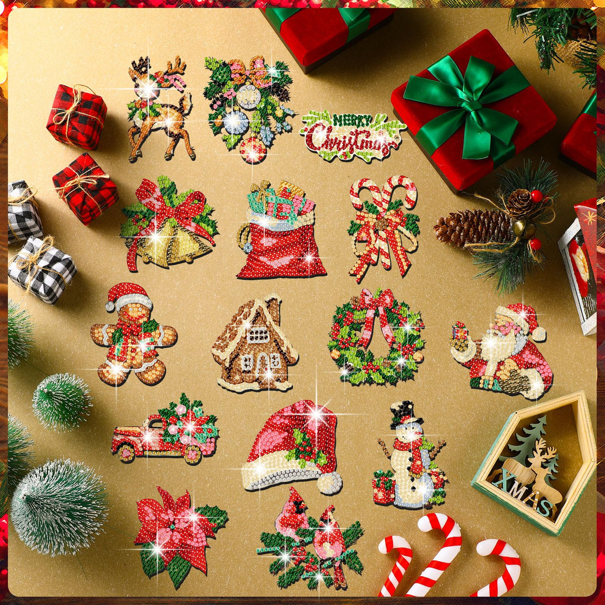 Copkim 30 Pcs Christmas Diamond Art Magnets Kits DIY Santa Claus Diamond Fridge Magnetic Stickers Xmas Gem Art Magnets for Beginners Holiday Decor Home