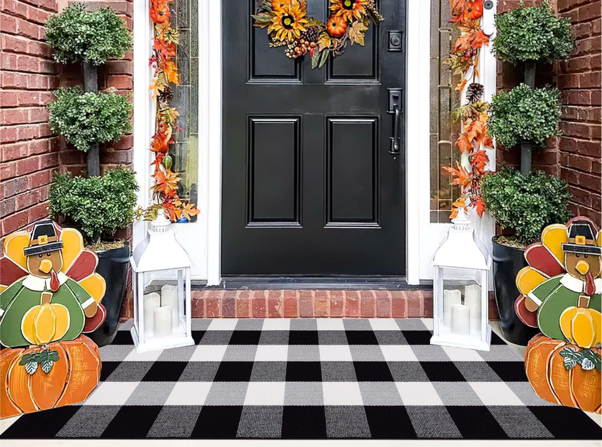 Buffalo Plaid Front Porch Rug 24''x 51''Black and White Checkered Outdoor Rug Cotton Machine Washable Farmhouse Mat for Outdoor, Kitchen, Farmhouse, Entryway,Bathroom