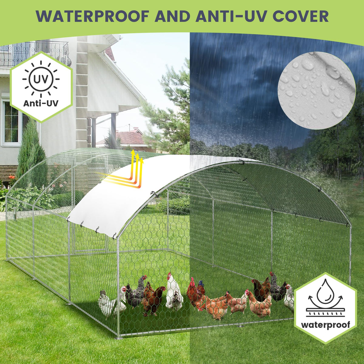 9.8'x13.1'x6.5' Large Metal Chicken Coop Walk-in Poultry Cage, Outdoor with Waterproof Anti-UV Cover & Galvanized Frame, Chicken Run for Backyard Farm, Ducks, Rabbits