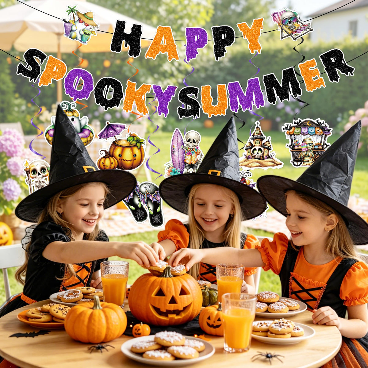 RUBOAOA Summerween Decorations, 10 Pcs Spooky Summer Halloween Decor with Banner Hanging Swirls, Cute Luau Beach Tropical Party Supplies for Indoor Home, Backyard, Patio, Pool and Summer Parties