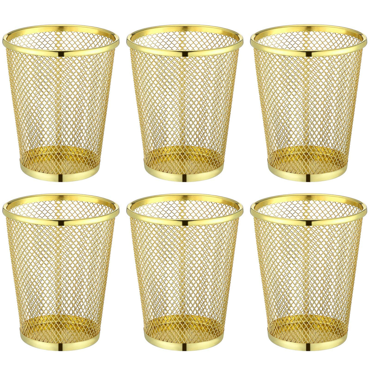 Poola Voidra 6 Pcs Gold Mesh Pen Holders Bulk Metal Pencil Makeup Brushes Cups Back to School Supplies Round Golden Organizer Golden for Desk Home Office Classroom Students Teachers Staff