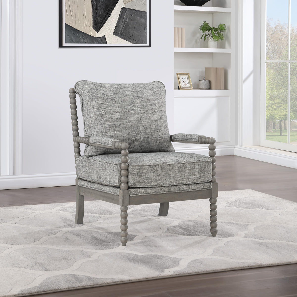 OSP Home Furnishings Abbott Spindle Accent Chair with Padded Spring Seat and Brushed Grey Base, Graphite Fabric