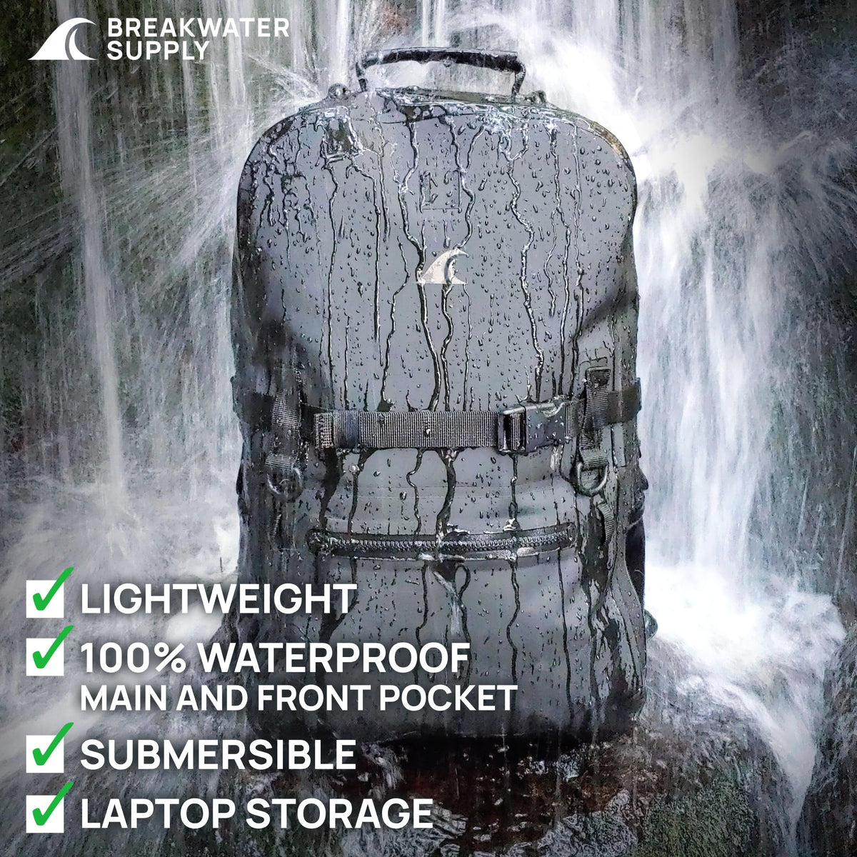 Breakwater Supply™ Fogland Waterproof IP68 Submersible Backpack | Laptop Sleeve & Airtight Zippers for Outdoors, Travel, Boating, Kayaking, Surfing, Floating Dry Bag, Unisex, TPU (Stealth Black, 25L)
