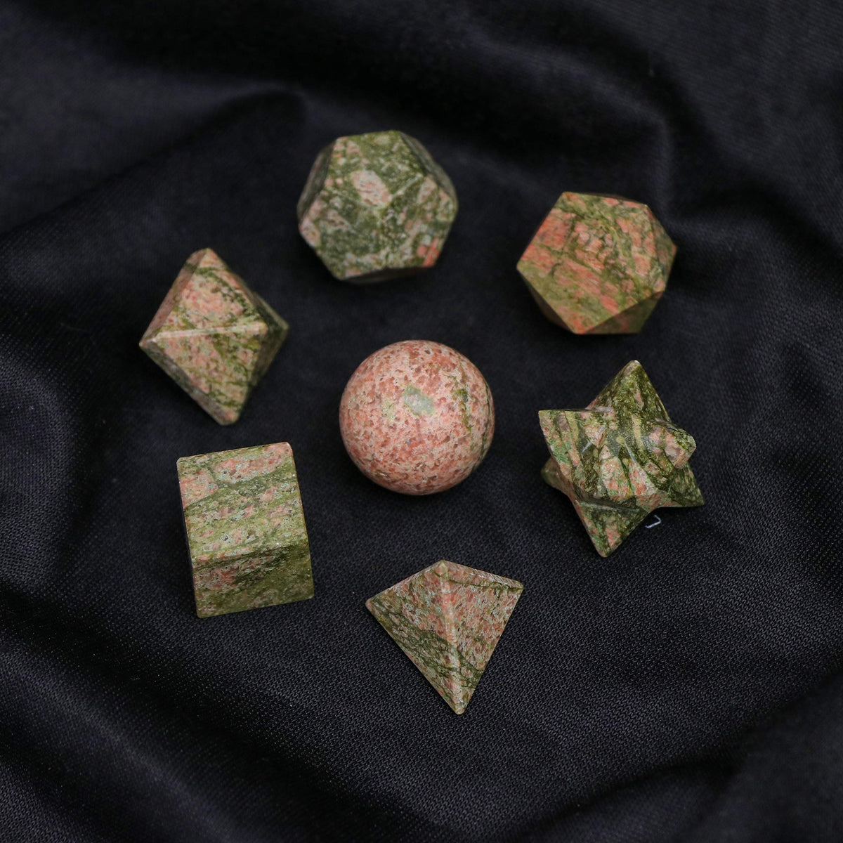 Crocon Unakite 7Pcs Platonic Solids Crystal Geometry Set, Platonic Solids Sacred Geometric Stones for Meditation Reiki Balancing Healing Chakra Stone Cleansing Spiritual Good Luck (15-20 mm)