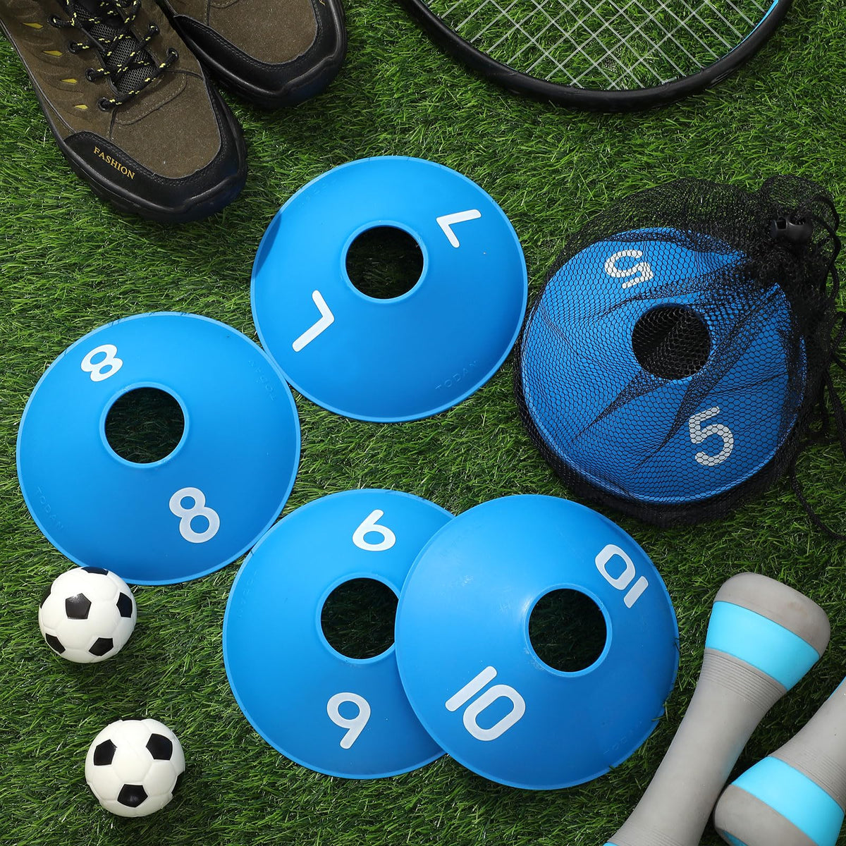 Relaxgiant 10 Pcs Numbered Sports Disc Cones 1-10 Soccer Cones with Mesh Carry Bag Flexible Agility Cones Soft Field Cones for Gym PE Classes School Activities Games, Sports Training Equipment (Blue)