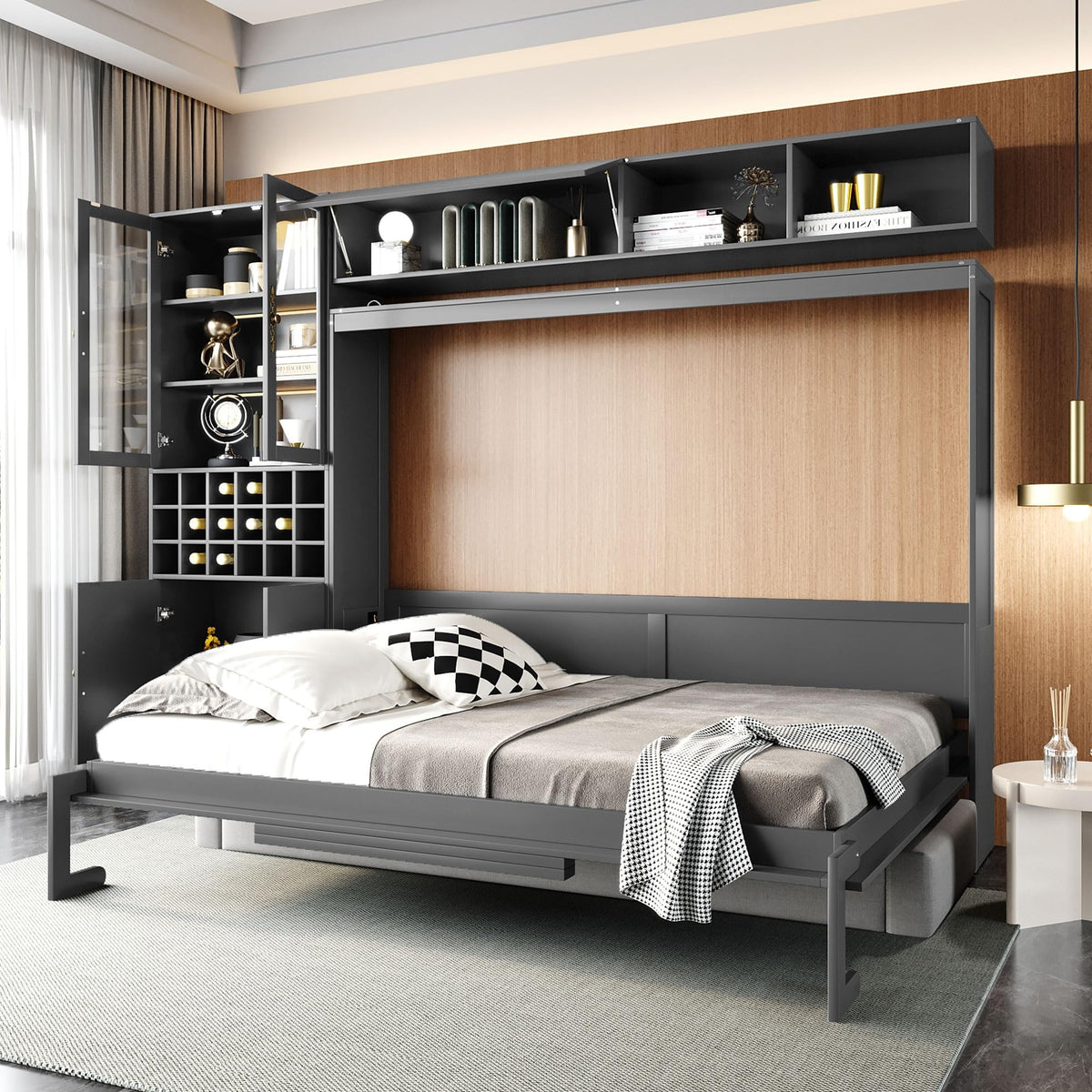 Merax Queen Size Murphy Bed Wall Bed with Sofa, Shelves, USB & Light - Space Saving Foldable Bed for Small Apartments, Grey