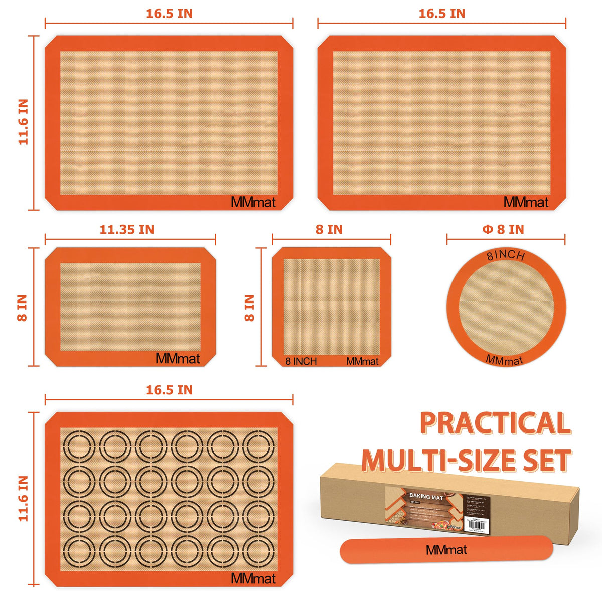 MMmat Silicone Baking Mats - Best German Silicone, Non Slip Baking Sheet, Non Stick Reusable Silicone Mats For Baking, Food Grade Oven Liner, Counter Mat, Set of 6