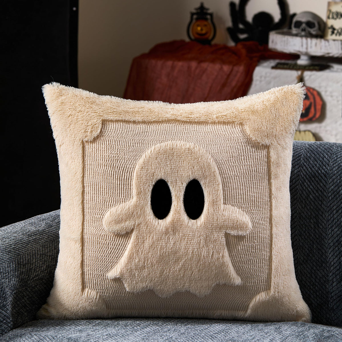 DFXSZ Halloween Pillow Covers 18x18 inch Set of 2 Black Eyes Beige Ghost Throw Pillow Cases Soft Plush Faux Fur Wool Couch Cushion Case for Chair Sofa Bedroom Living Room Home Decor PTK058B18