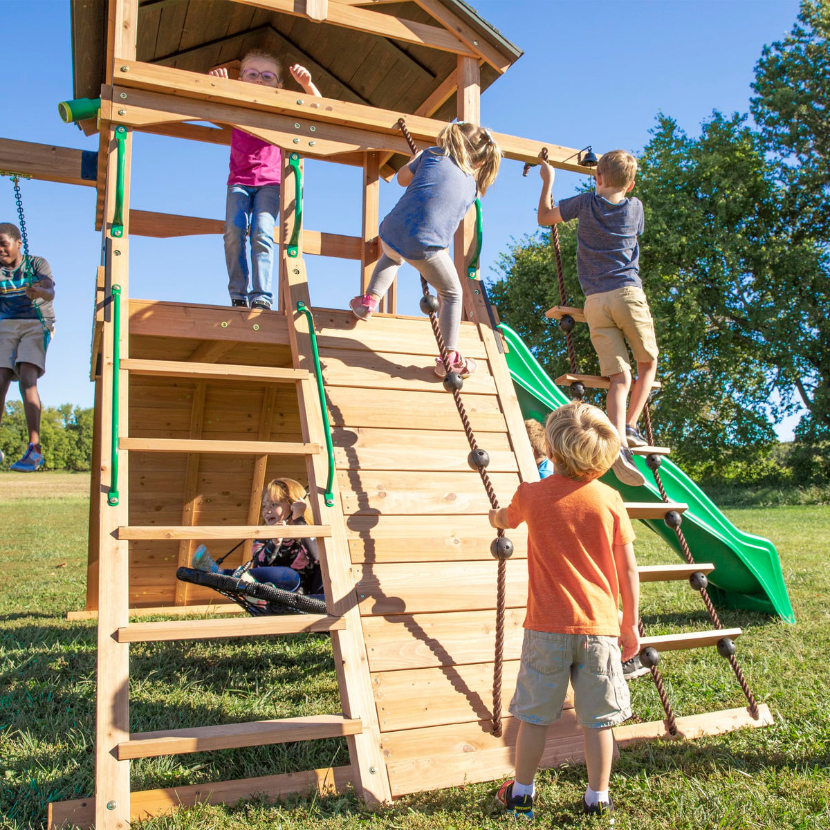 Backyard Discovery Endeavor All Cedar Wood Swing Set Playset for Backyard with Large Clubhouse Wave Slide Rope Ladder Rock Climbing Wall Wave Slide 2 Belt Swings and 1 Web Swing Gift for Ages 3-10