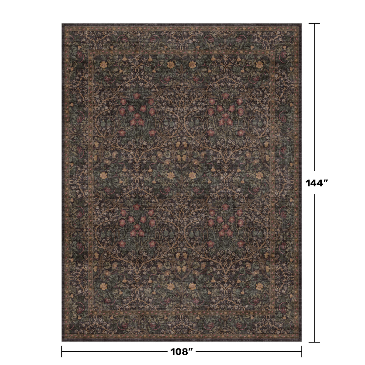 Washable Area Rugs 9x12 Living Room - Dark Brown Large Rug for Dining Room Under Table, Bedroom, Soft Low Pile Non-Slip Stain Resistant Carpet - Vintage Floral Plant Design