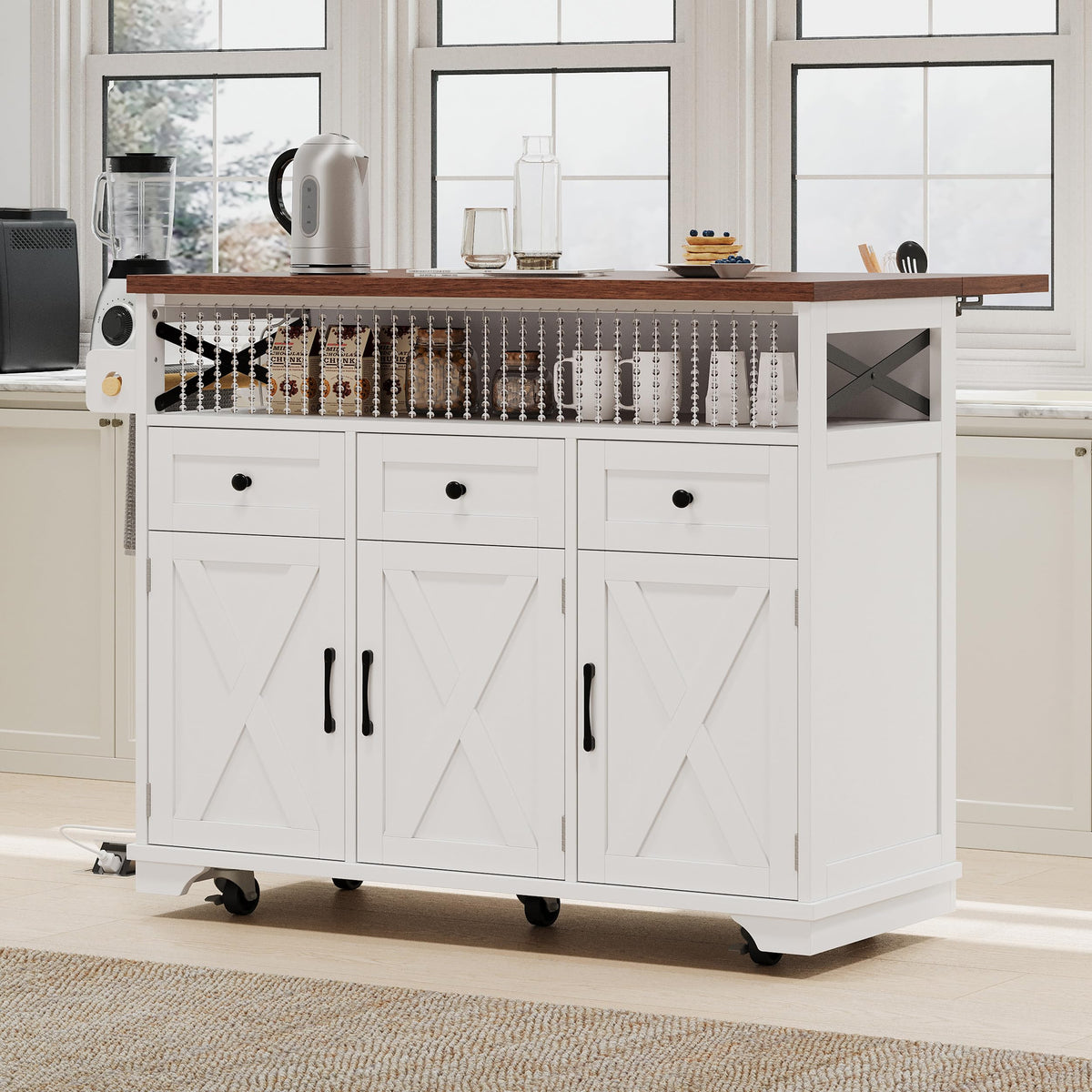 Bellemave 46.5" Farmhouse Kitchen Island cart with Charging Station and with Drape of Beads, Rolling Kitchen Island Table with Drop-Leaf, 3 Drawers, White