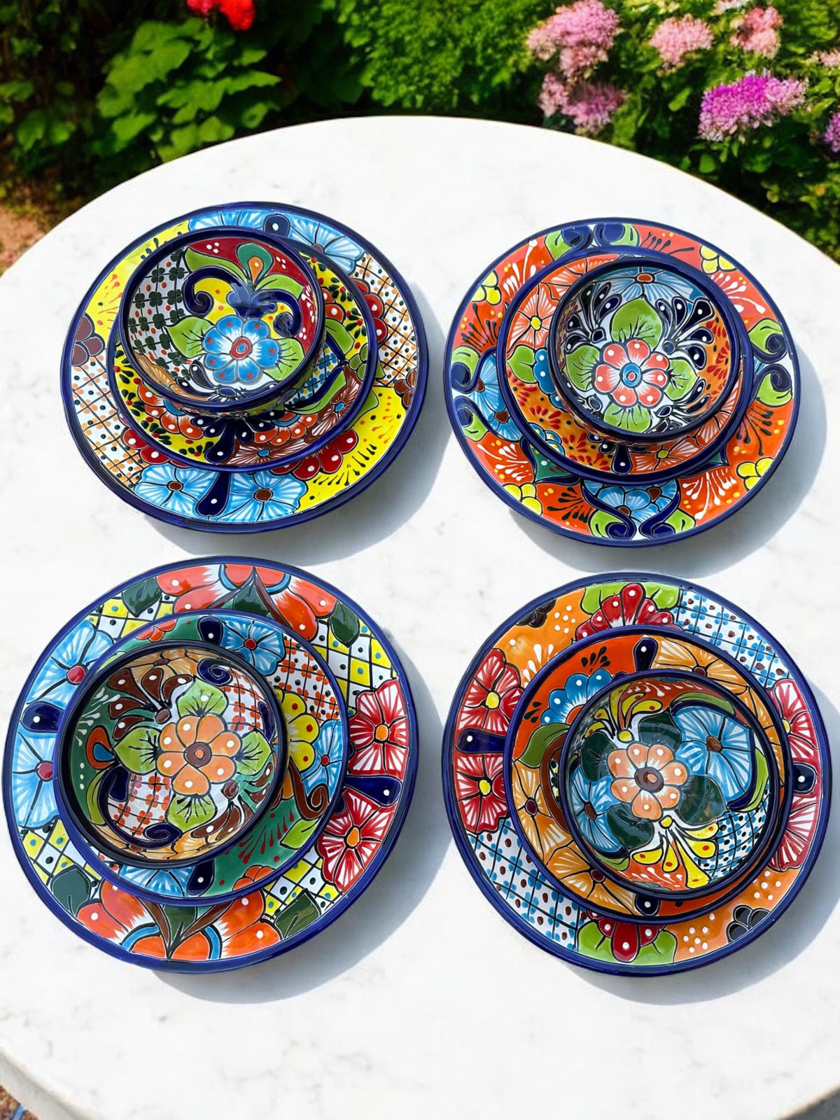 16-Piece Talavera Dinnerware Set | Hand-Painted Mexican Pottery with 4 Large 11.5” Plates, 4 Small 8” Plates, 4 Bowls, and 4 Mugs | Unique, Artisan-Made Ceramic Dish Set