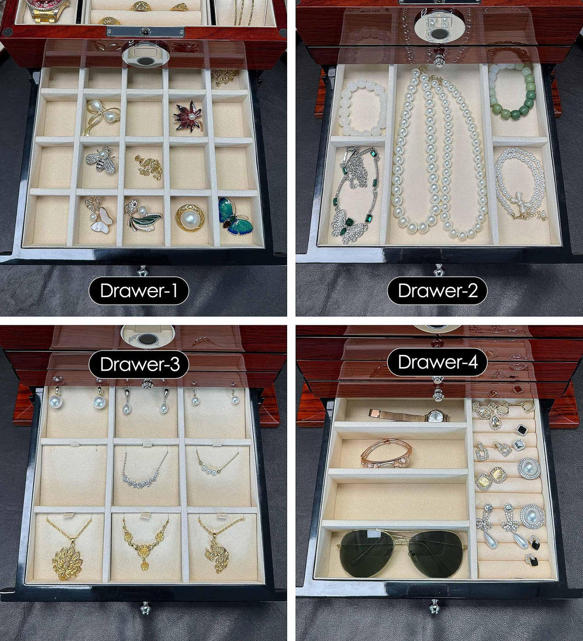 SYENS Jewelry Box Wood Jewel Organizer with Fingerprint Lock Safe, 7-Layer Large Locking Jewelry Storage Box with Necklace Hanger for Women Mens Gift (5L-RS)