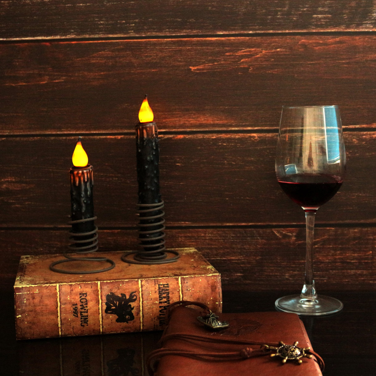CVHOMEDECO. Real Wax Hand Dipped Battery Operated LED Timer Taper Candles Country Primitive Flameless Lights Décor, 6-3/4 Inch, Matt Black, 3 PCS in a Package