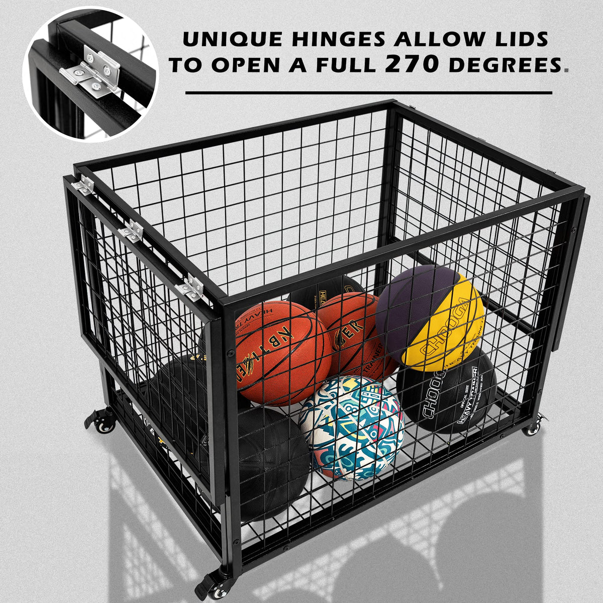 Ball Cart Garage Sports Equipment Organizer with Lockable Lid, Basketball Storage Bin for Indoor Outdoor, Rolling Exercise Ball Cart Holder for Gym, School, Club