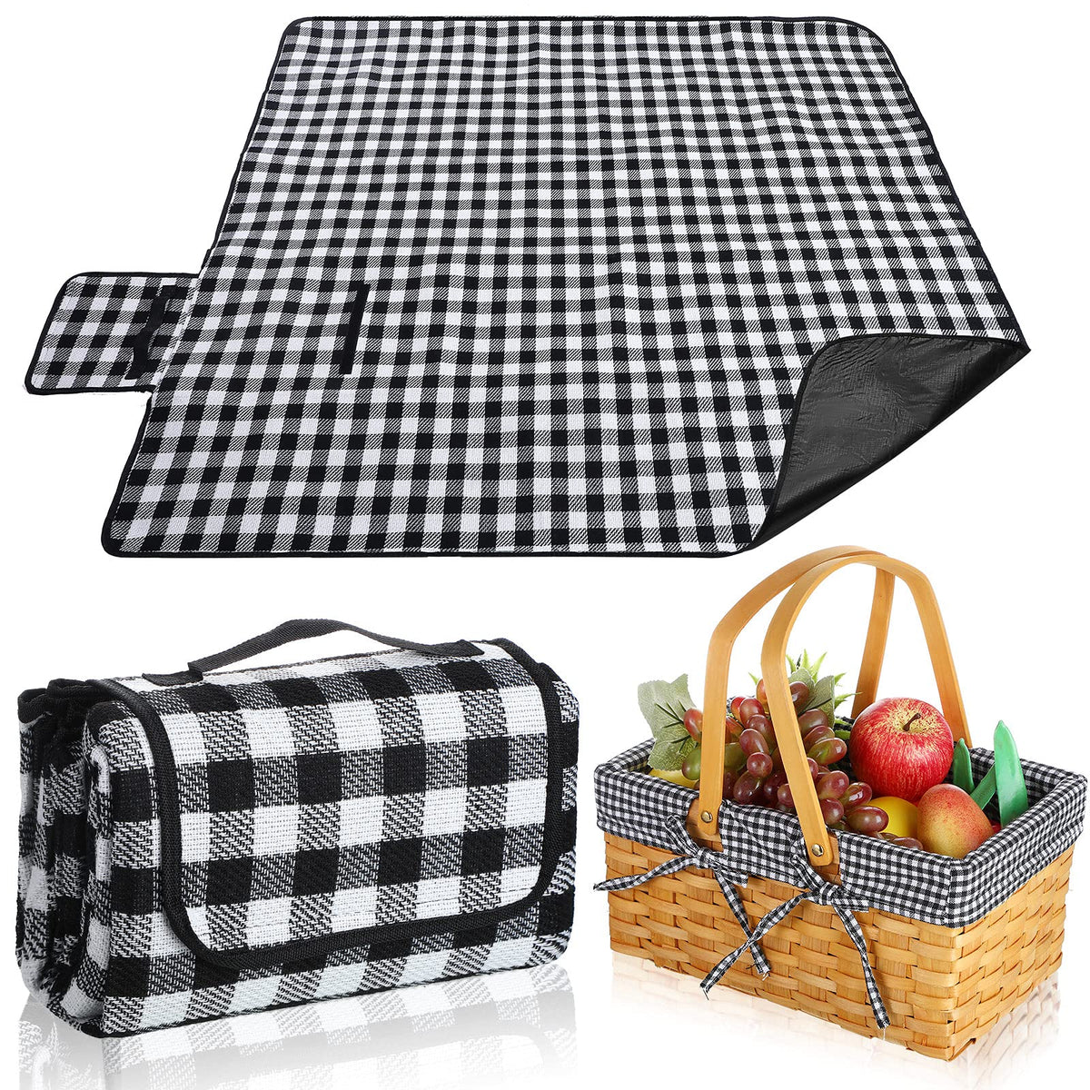 Patelai Wicker Picnic Basket Natural Hand Woven Basket with Double Folding Handles, Willow Hamper Baskets with Blanket for Outdoor Picnic Summer Spring Camp Family(Black and White Grid)