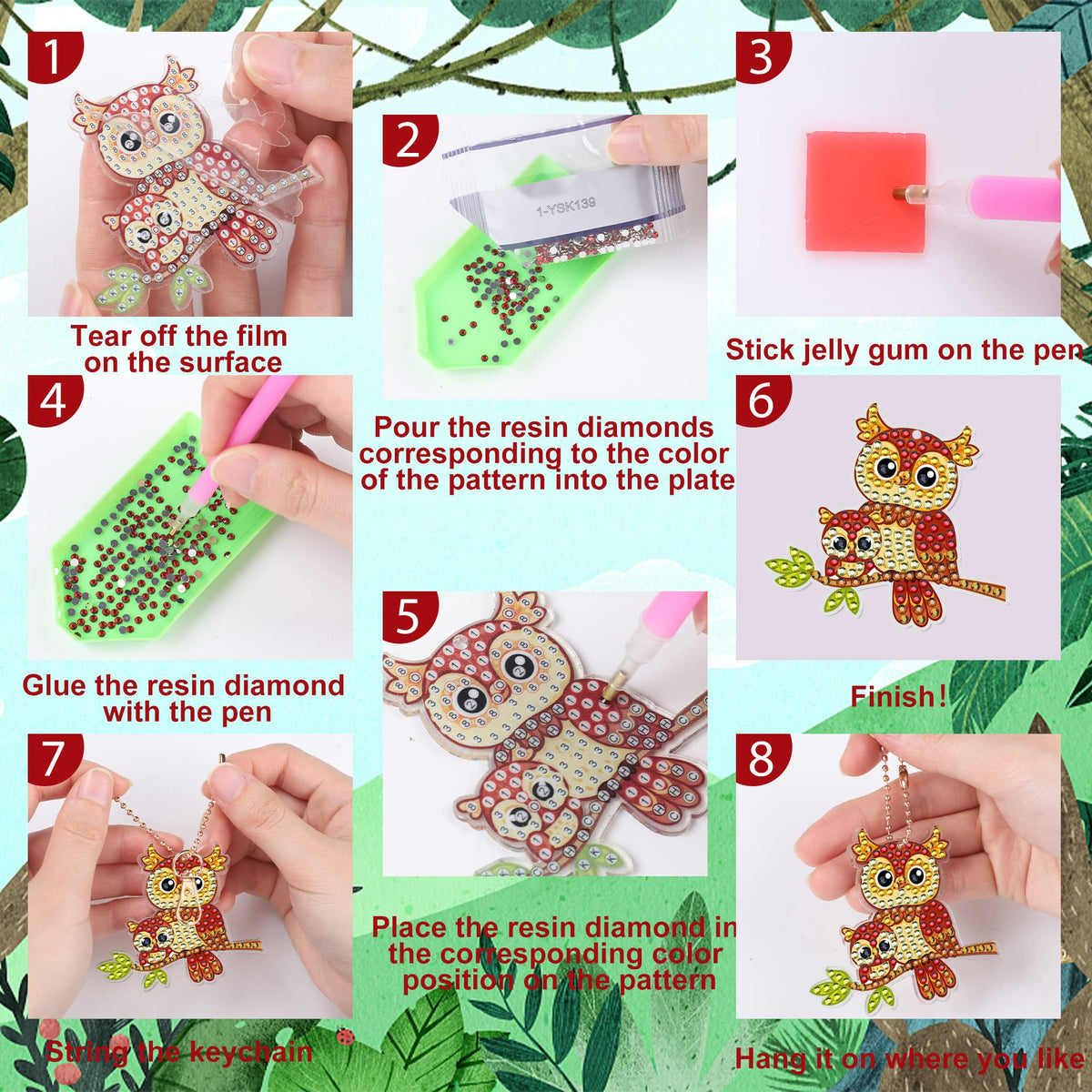 Augisteen 12 PCS Diamond Painting Keychains Kit Animals Diamond Art Ornaments Double Sided 5D Diamonds Key Rings DIY Diamonds Pendants for Beginners Birthday Crafting Home Party Decor
