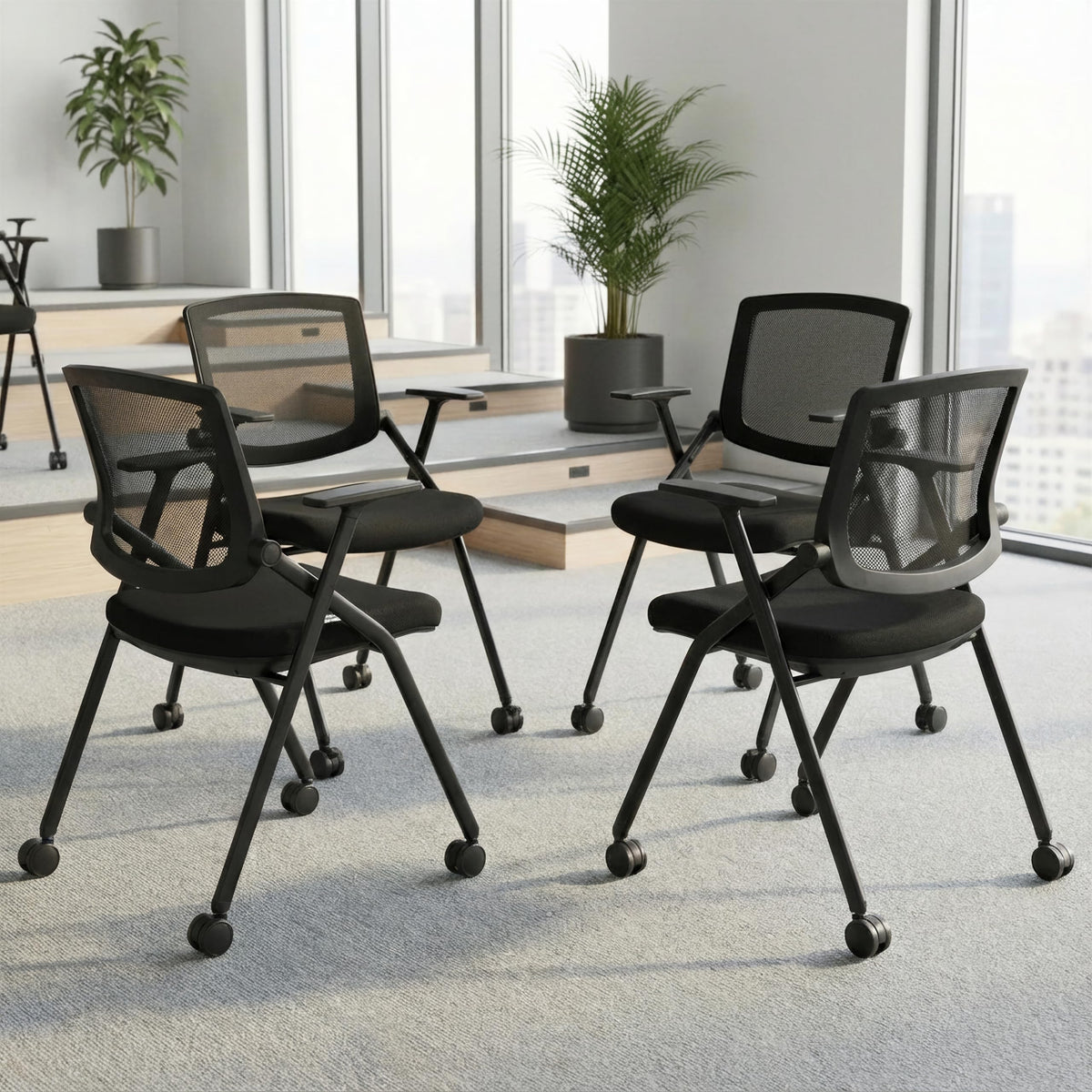 BROBRIYO Folding Chair with Wheels and Paddle, Ergonomic Mesh Back and Arms for Office, Meetings, Conferences, Receptions, Training Rooms & Folding Office Chairs - Black 100 Pack