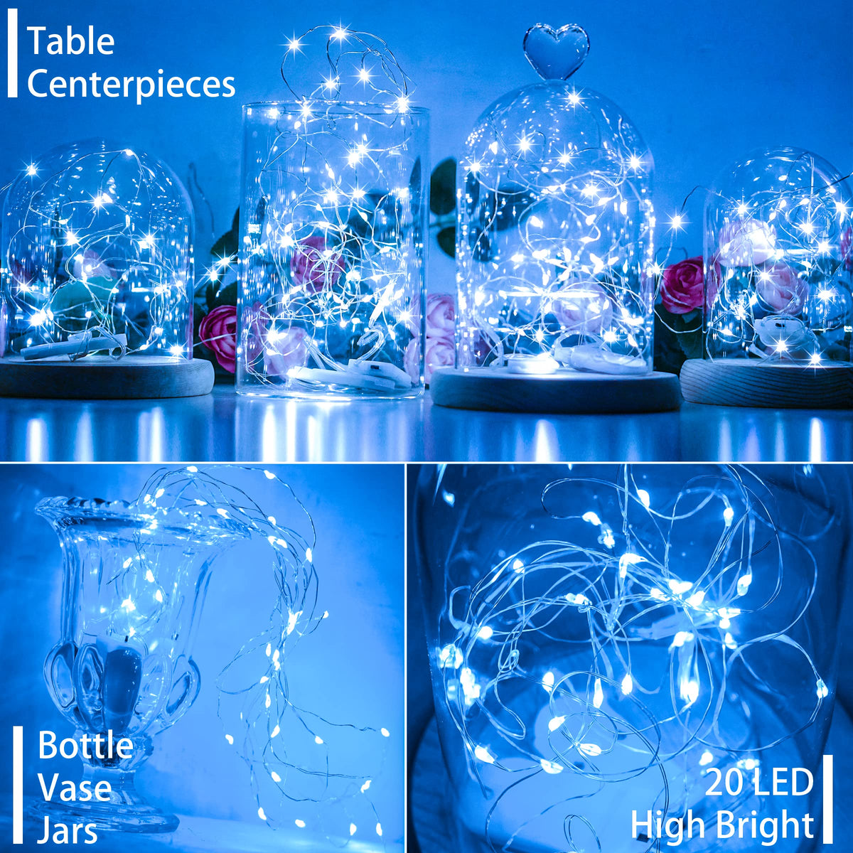 SunKite 16 Packs 20 LED Fairy String Lights Battery Operated Waterproof 6.6 Feet Silver Copper Wire Firefly Starry Moon Lights for DIY Costume Wedding Party Bedroom Table Decor (Cool White)