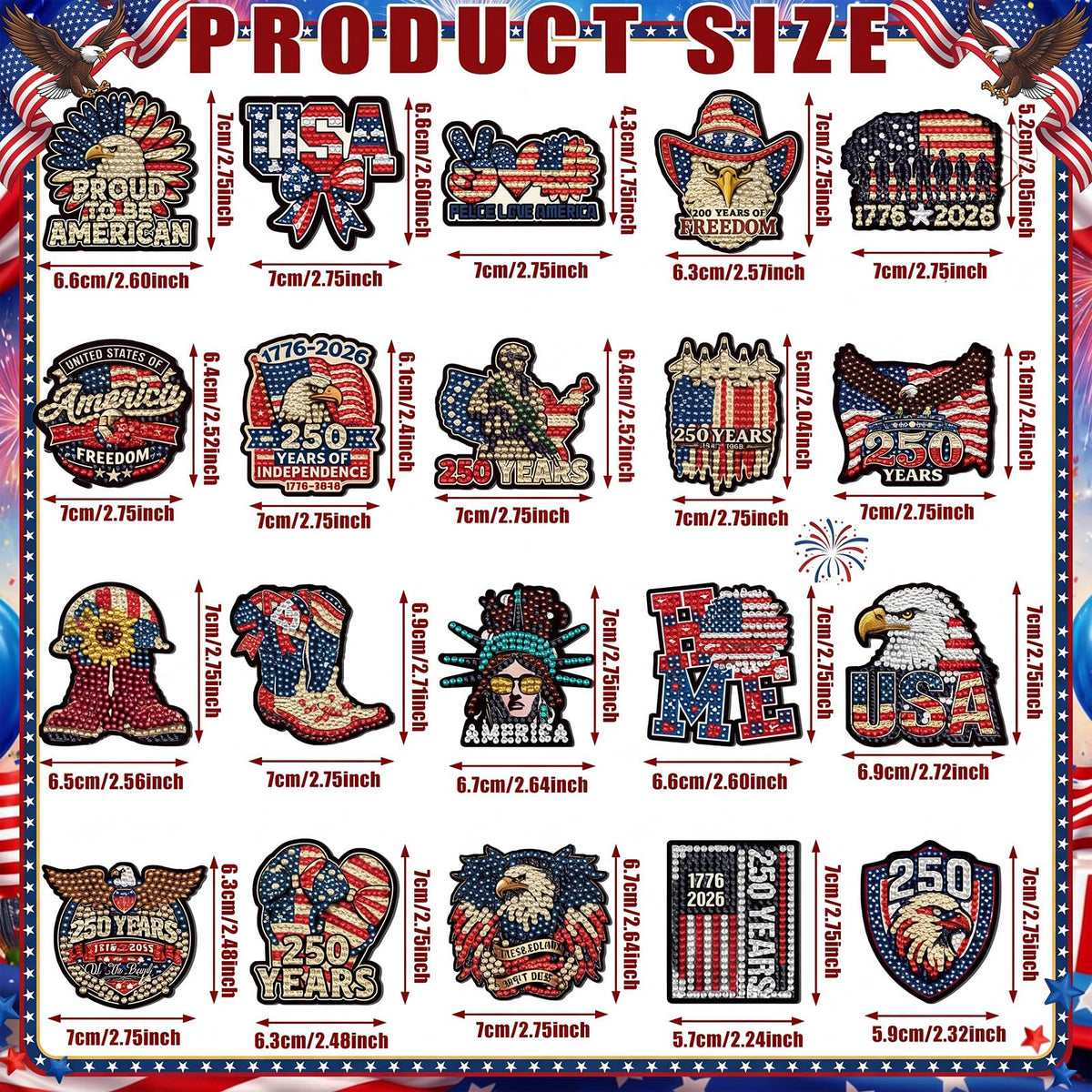 Chapou 20 Pcs 4th of July Patriotic Diamond Art Magnets 250th Anniversary Eagle Diamond Painting Magnets Memorial Day Red White Blue American Flag Magnetic Gem Art Stickers Kits for Adults DIY Decor