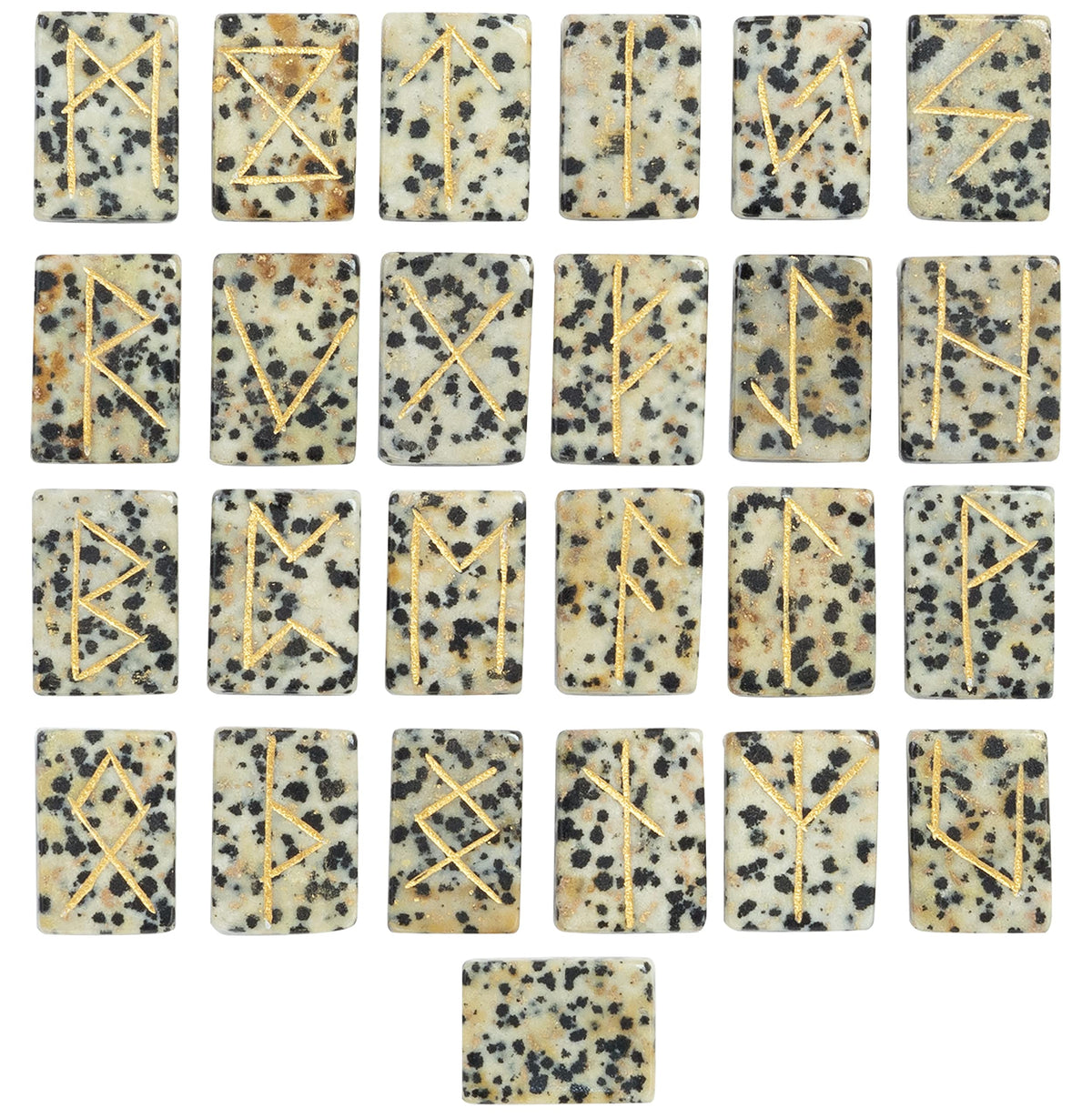 Crocon Dalmatian Jasper Rectangle Shape Gemstone Runes with Elder Futhark Alphabet Engraved 25 pcs Rune Set Crystal Divination Metaphysical Healing Chakra Reiki Runes Set with a Pouch Size : 20-25mm