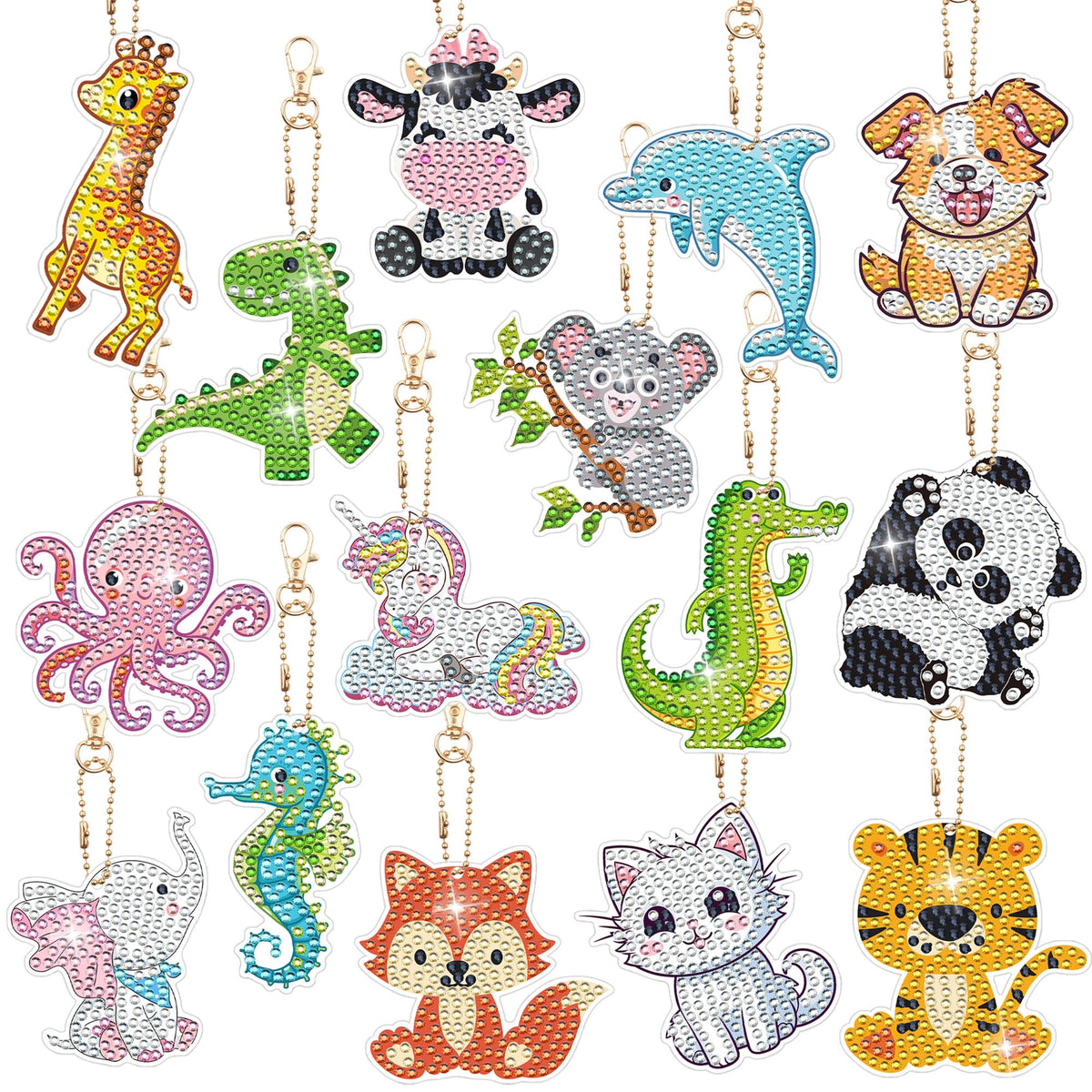 Augisteen 15 PCS Diamond Painting Keychains Animal Diamond Art Ornaments Double Side Diamonds Key Rings DIY 5D Art Pedants for Beginners Birthday Crafting Home Party Decor