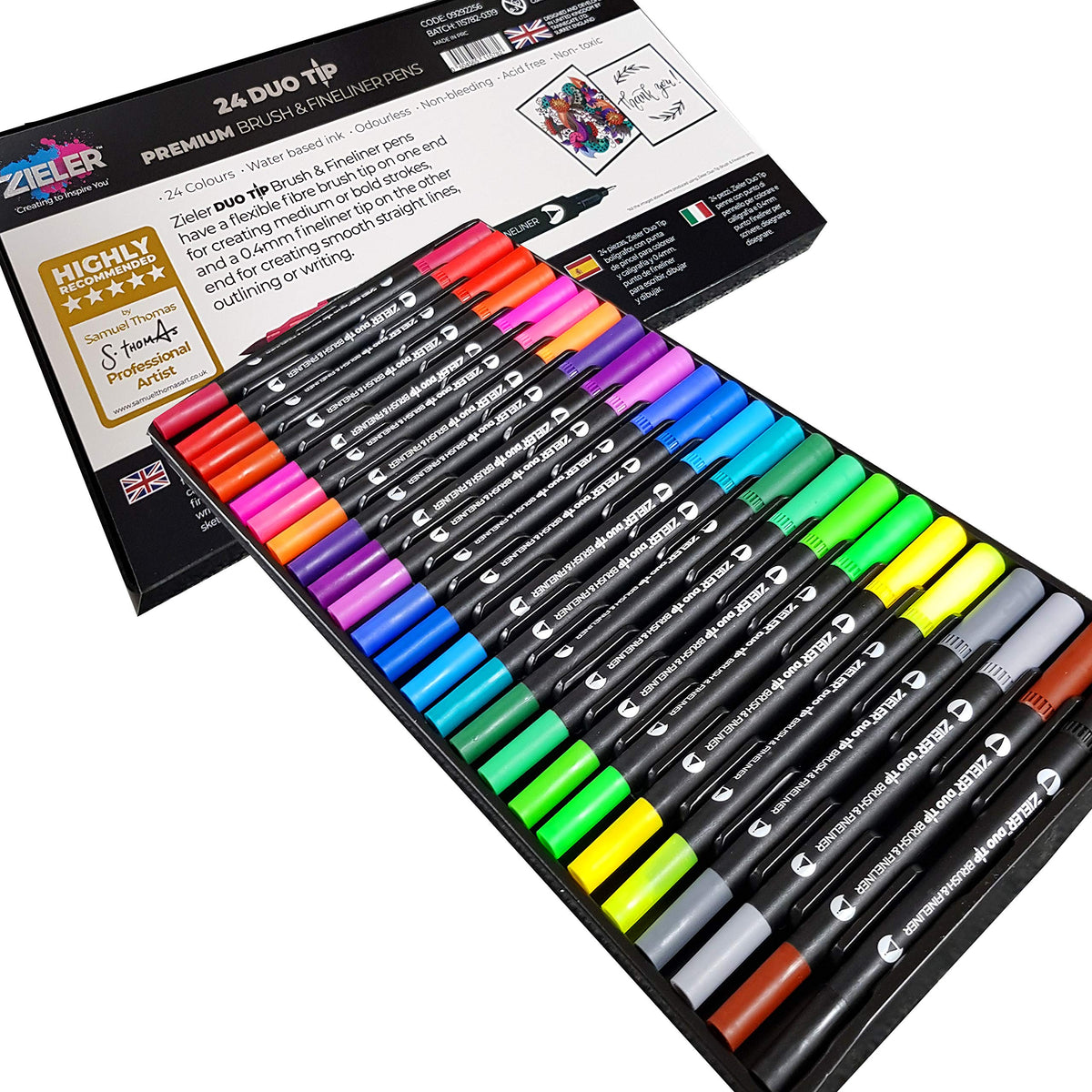 Zieler Fineliner Pens & Watercolour Brush Pens (Duo Tip, Set of 24) Ideal for Colouring, Drawing & Hand Lettering - 48 nibs - Vibrant Colours - Washable, Water-Based Ink