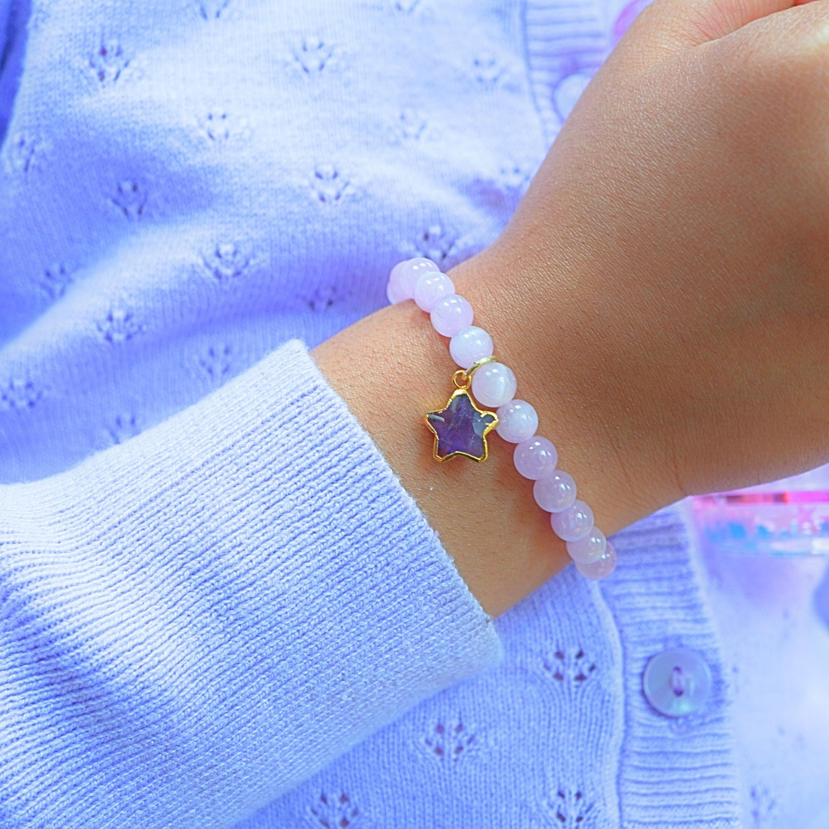 Kunzite Gemstone Bracelet Party Favor for Girls, Toddler Bracelet with Certified 925 Sterling Silver 18K Gold Vermeil Amethyst Crystal Star Charm