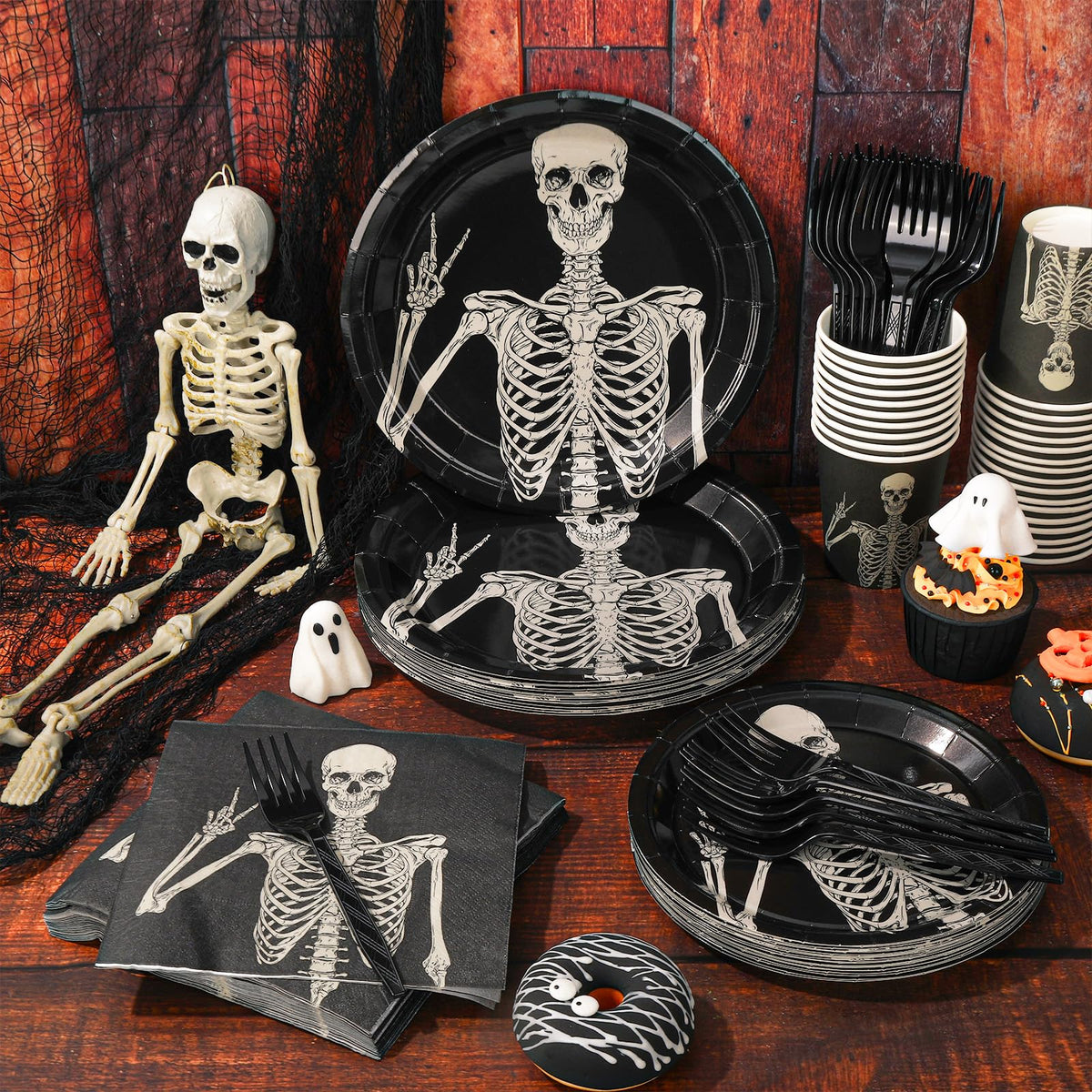 JarThenaAMCS Halloween Tableware Set Smiling Skeleton Disposable Party Supplies Black 9 &7 Inch Paper Plates 6.5 Inch Napkins Cups and Cutlery for 25 Guests