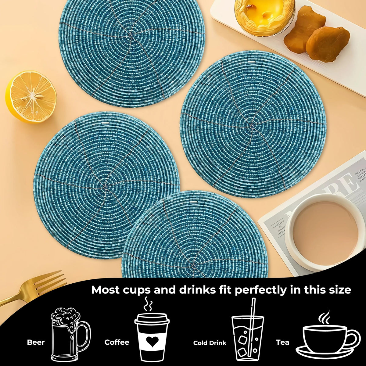 Handmade Beaded Bar Drink Tabletop Protection Coasters - Set of 4 - Halloween Harvest Autumn Fall Thanksgiving Holiday Christmas Xmas Celebration Festive Party 4" Round - Teal