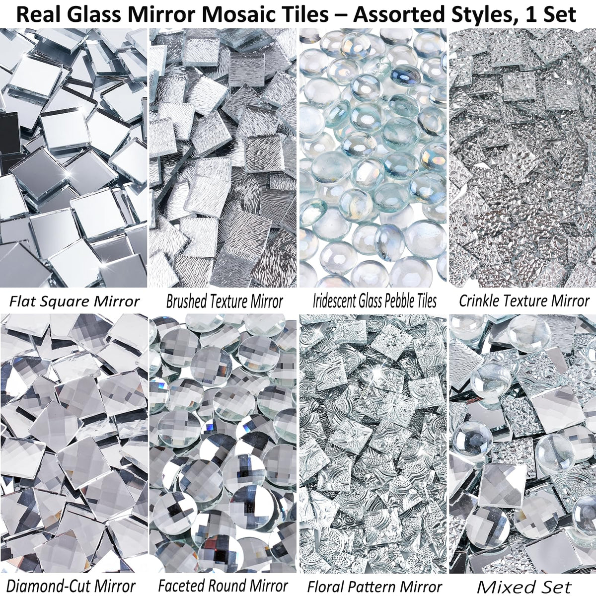 CHICSHIS 1000g Real Mirror Glass Mosaic Tiles for DIY, Silver Textured Square Tiles (15mm) with Iridescent Glass Gems, Mixed Shapes Stained Glass Set for Mosaic Art & Home Décor Projects