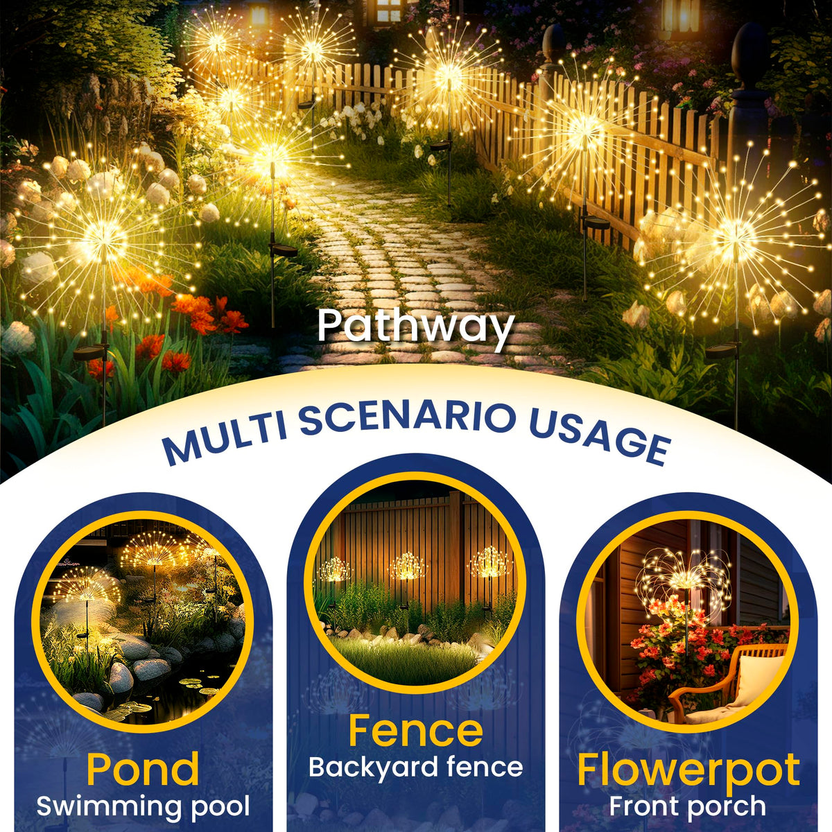 GIGALUMI Garden Decor Outdoor Lights 120LED 8Pack, Solar Garden Lights Outside Fairy Firework Decorative,Solar Powered for Yard Pathway Flowerbed Planter Balcony Patio 4th of July Decor (Warm White