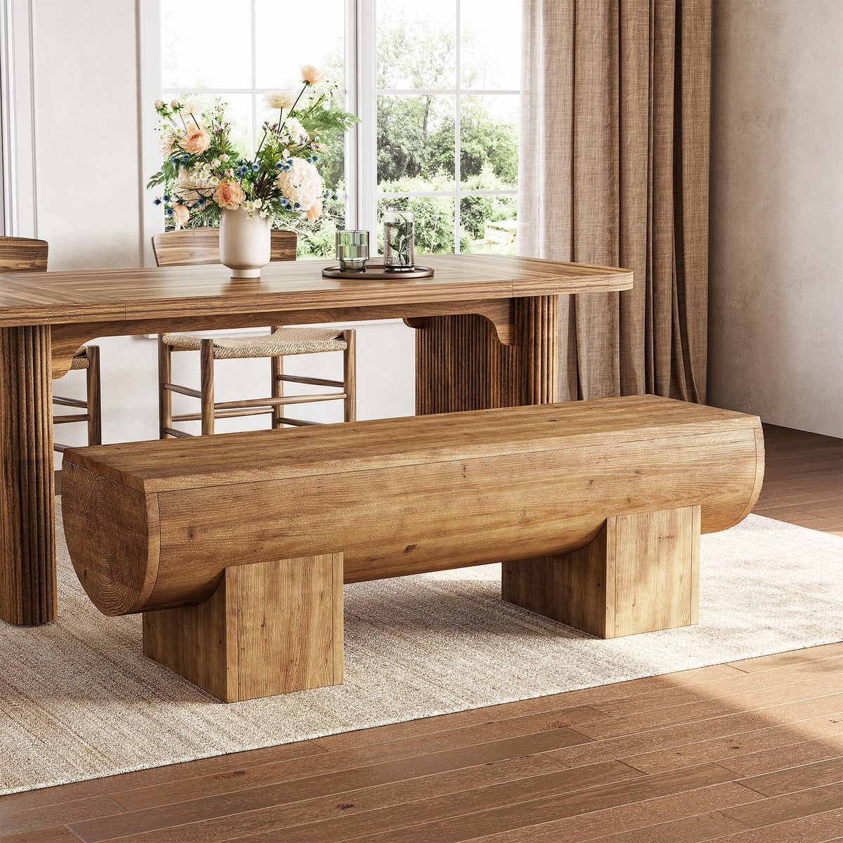 TRIBEWOOD Solid Wood Dining Bench, 47" Farmhouse Indoor Entryway Shoe Bench, Kitchen Bench for Dining Room, Living Room, Hallway (1, Brown)